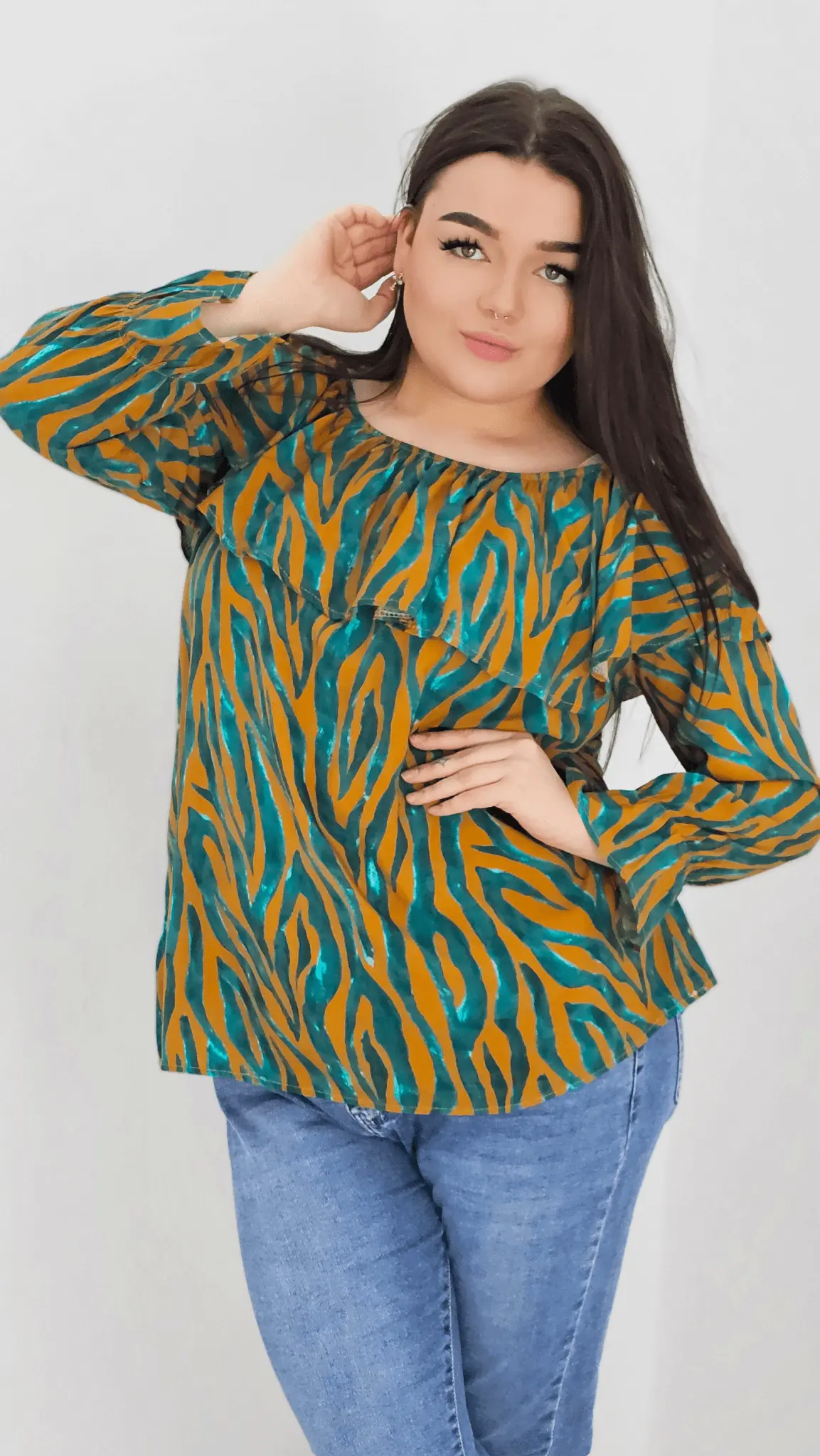 Bluzka hiszpanka z wzorem po całości -musztarda Stylowa XL