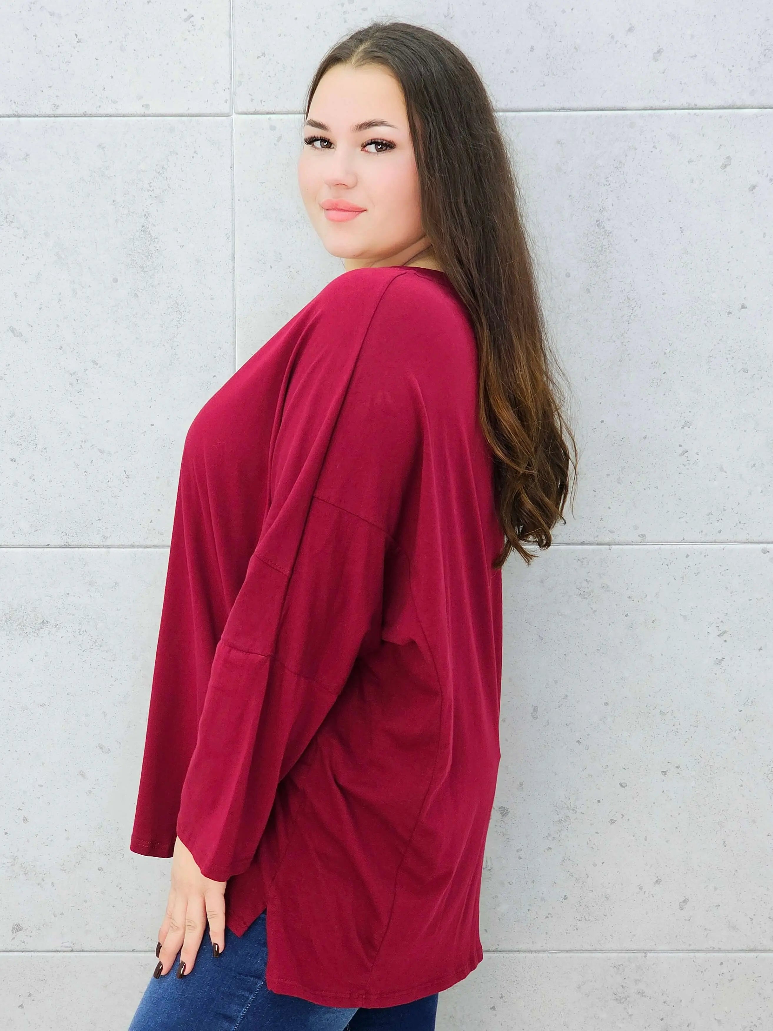 bluzka basic oversize bordowa plus size – bok