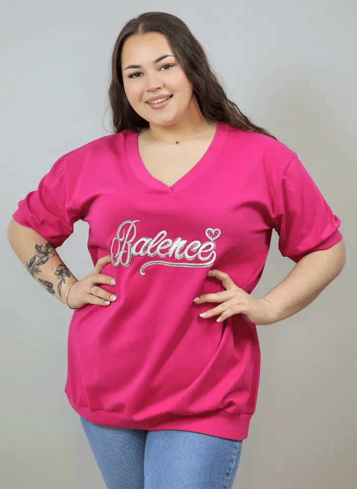 Bluzka plus size Balance z dekoltem V i ozdobnym haftem Stylowa XL
