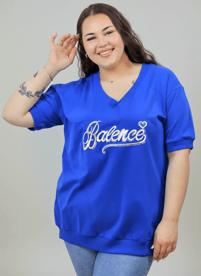Bluzka plus size Balance z dekoltem V i ozdobnym haftem Stylowa XL
