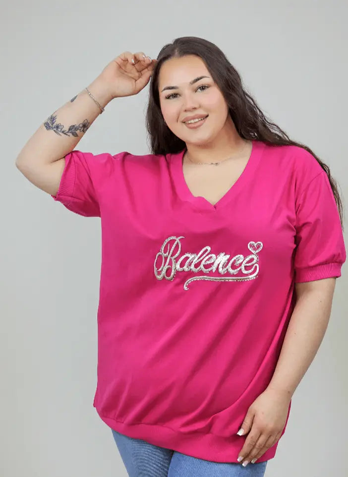 Bluzka plus size Balance z dekoltem V i ozdobnym haftem Stylowa XL