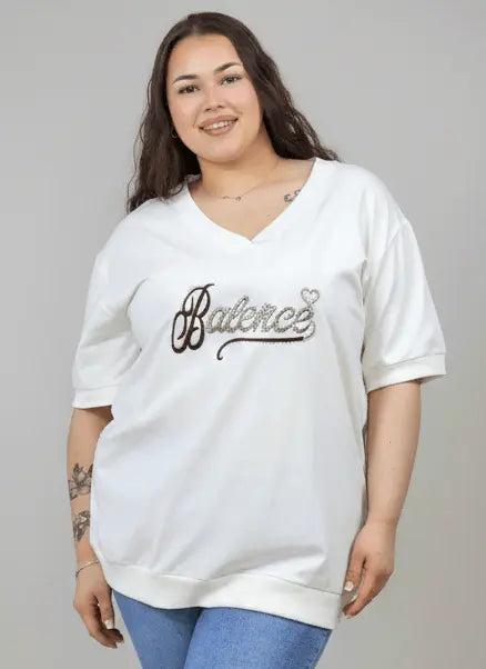 Bluzka plus size Balance z dekoltem V i ozdobnym haftem Stylowa XL