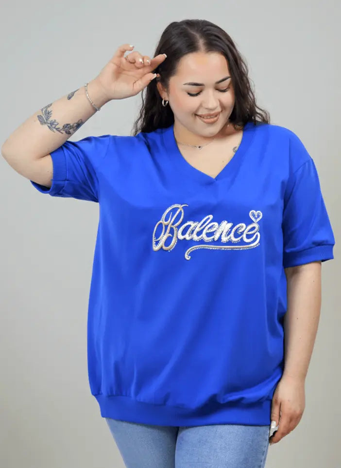 Bluzka plus size Balance z dekoltem V i ozdobnym haftem Stylowa XL