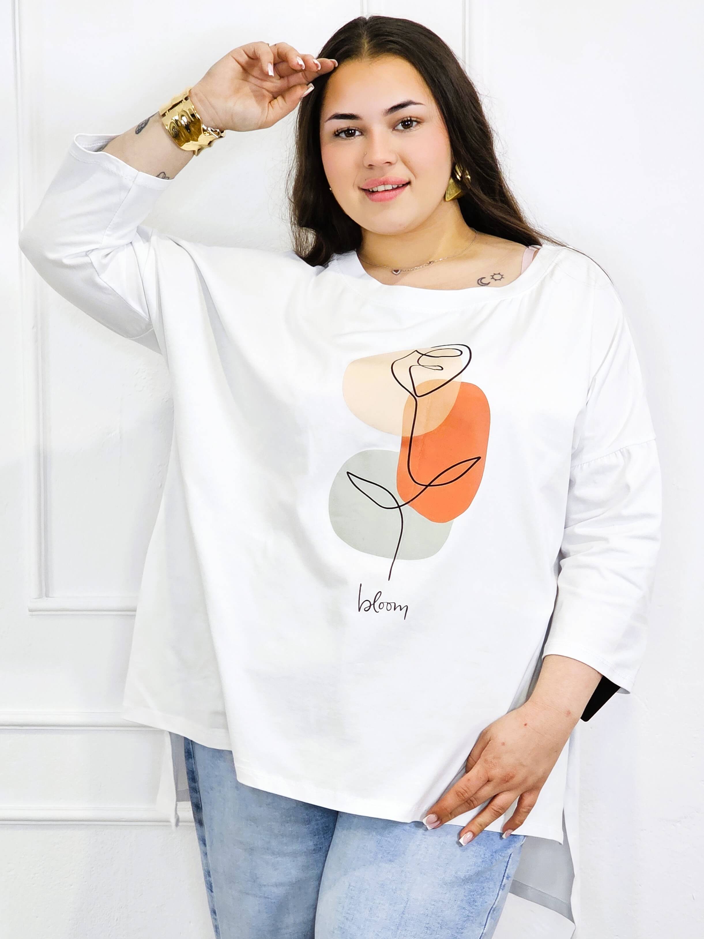 Bluzka plus size biała oversize z nadrukiem bloom – rękaw 3/4 Stylowa XL