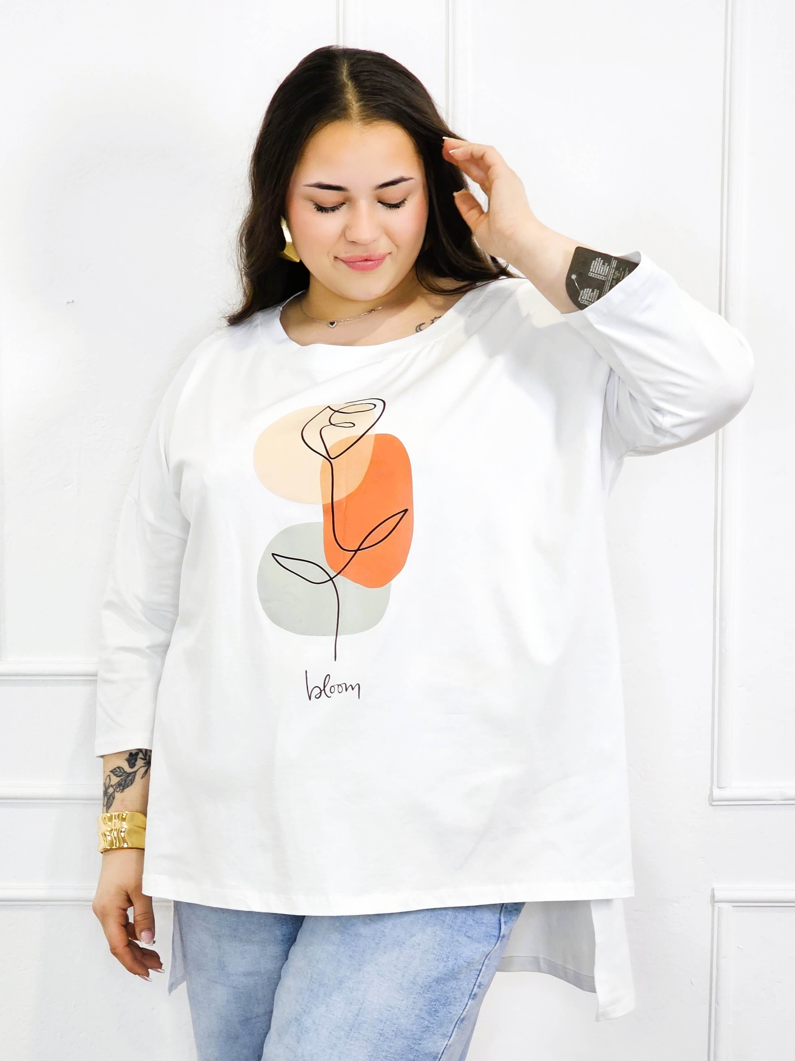 Bluzka plus size biała oversize z nadrukiem bloom – rękaw 3/4 Stylowa XL