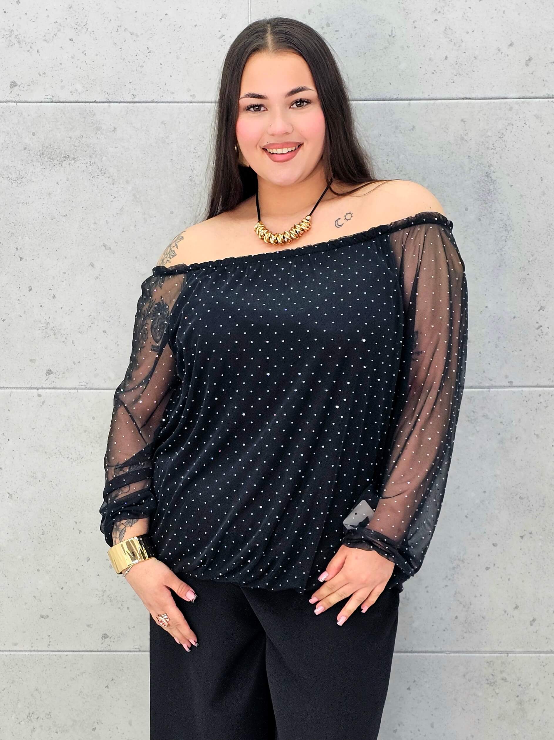 Bluzka plus size elegancka – czarna bluzka damska XXL z tiulowymi rękawami Stylowa XL