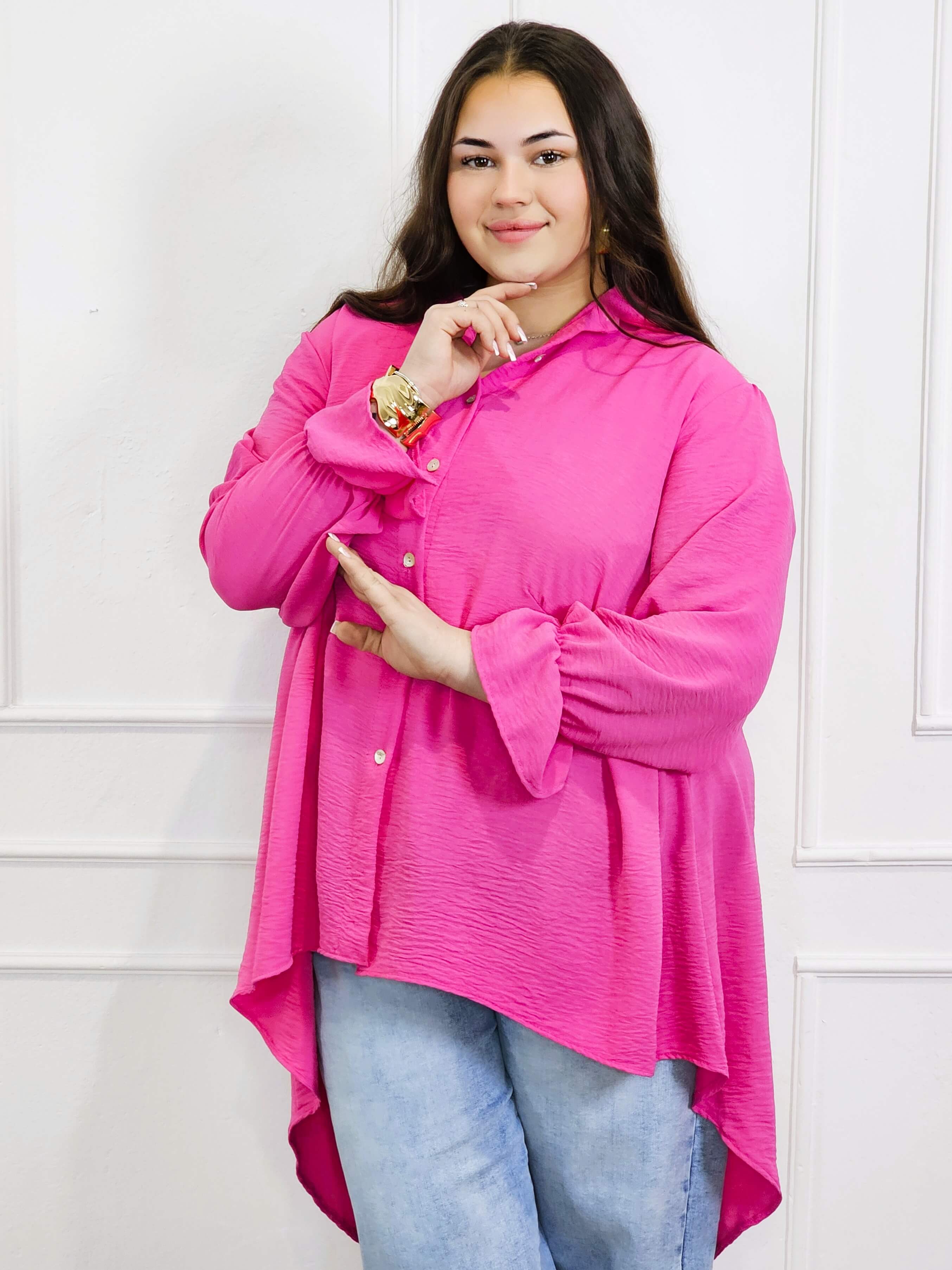 Bluzka plus size koszulowa z dłuższym tyłem – lekka, oversize, na guziki XXL Stylowa XL
