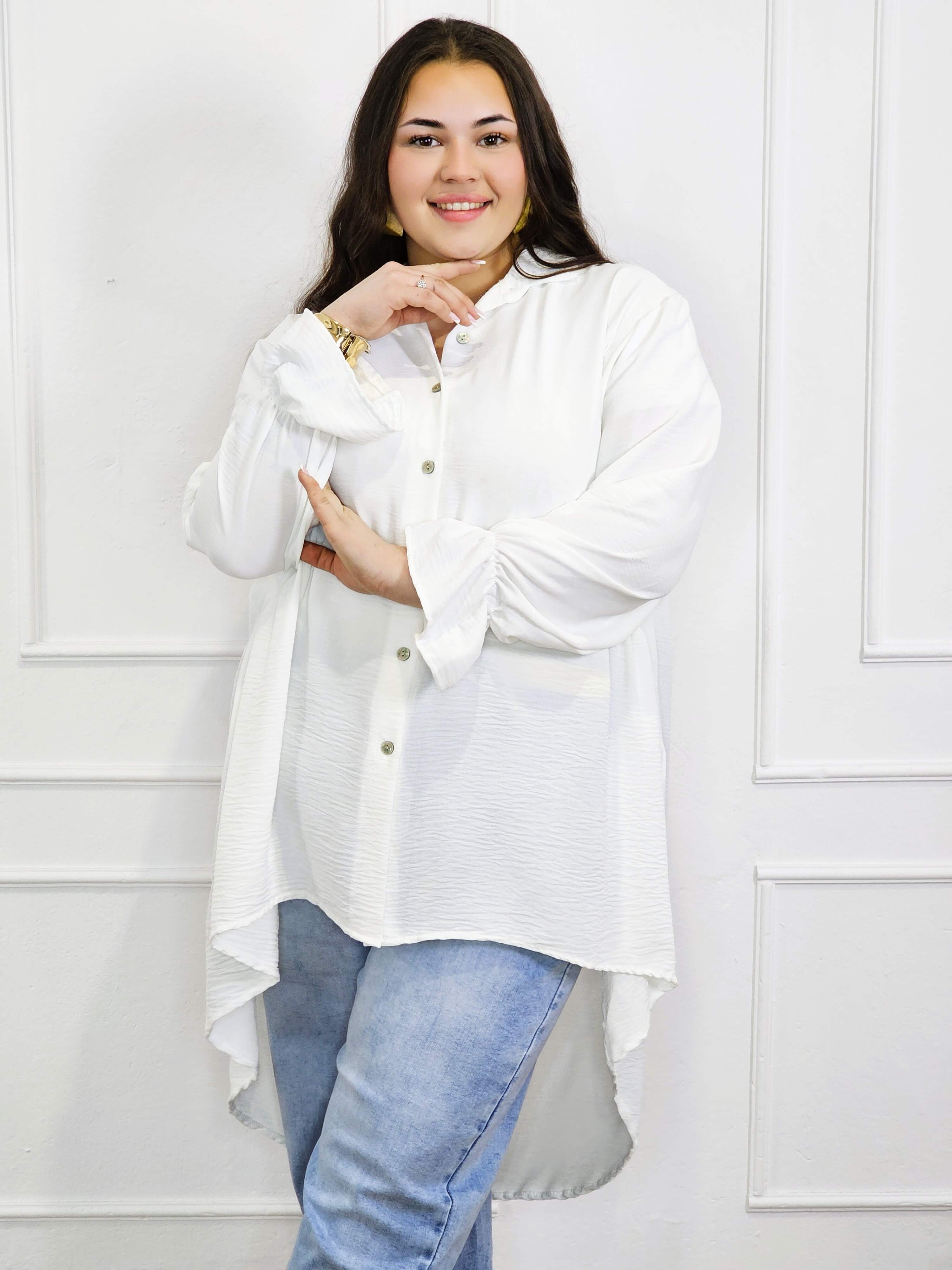 Bluzka plus size koszulowa z dłuższym tyłem – lekka, oversize, na guziki XXL Stylowa XL