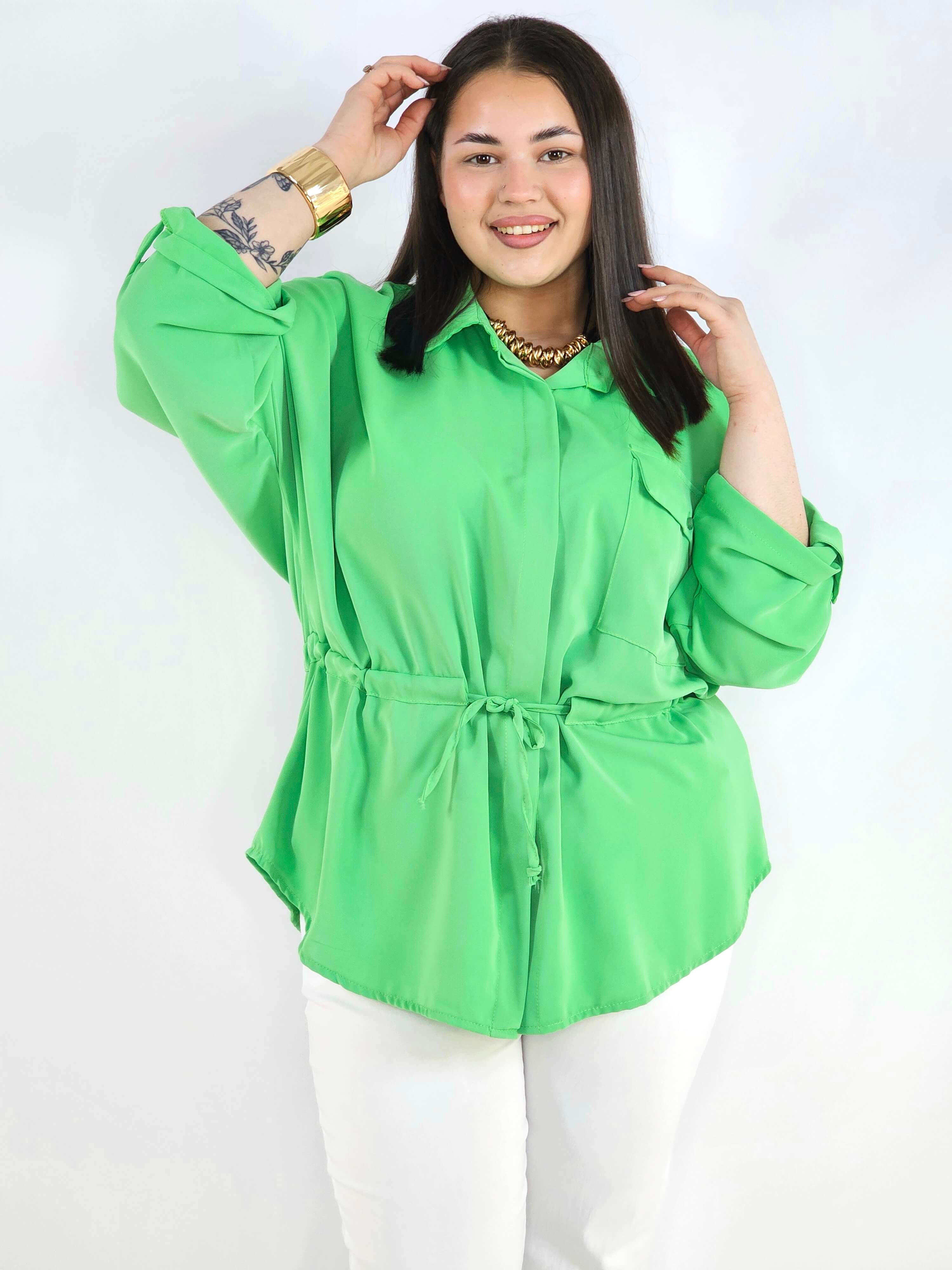 Bluzka plus size koszulowa z kołnierzykiem – elegancka bluzka damska XXL z wiązaniem Stylowa XL