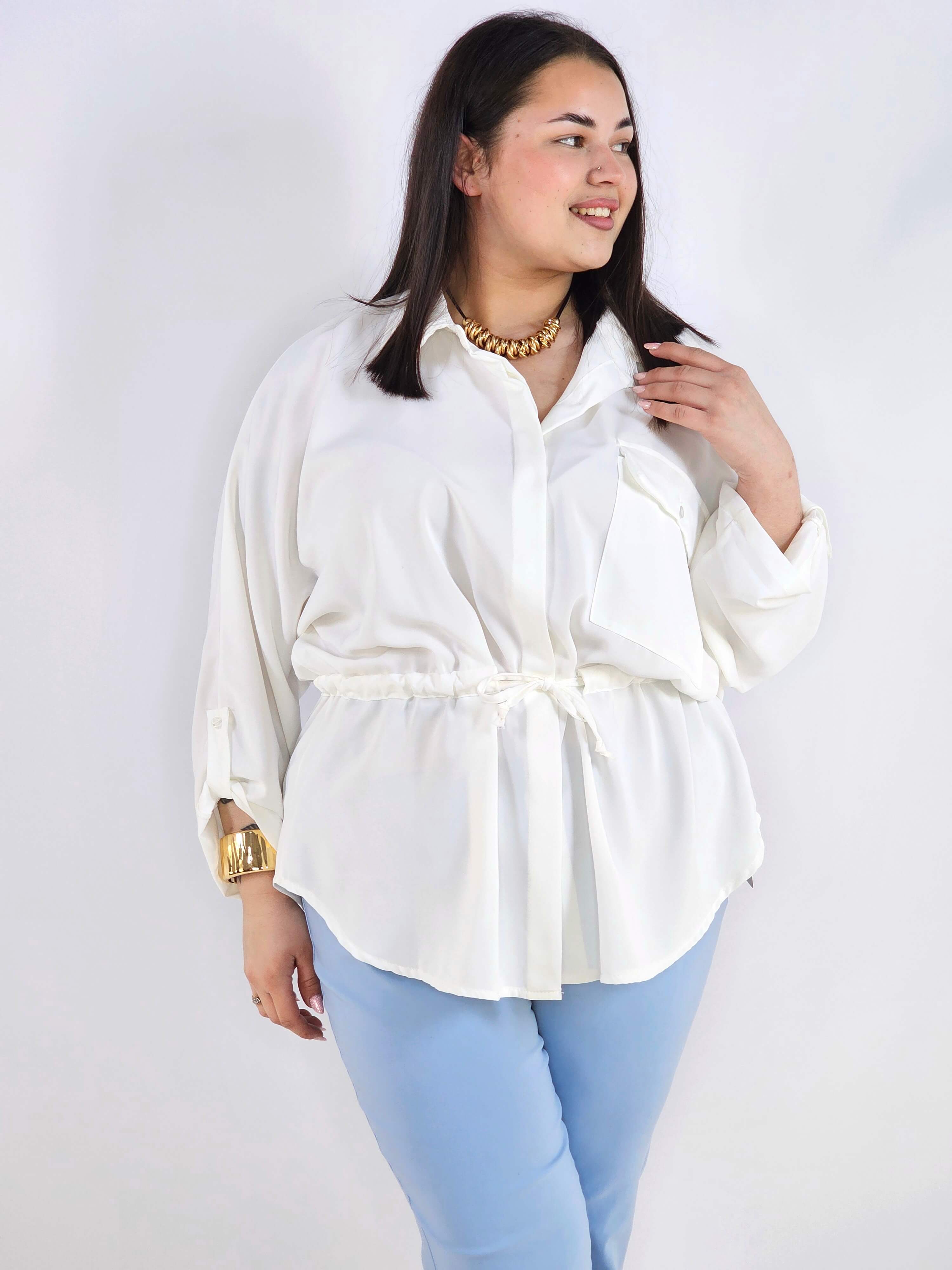 Bluzka plus size koszulowa z kołnierzykiem – elegancka bluzka damska XXL z wiązaniem Stylowa XL