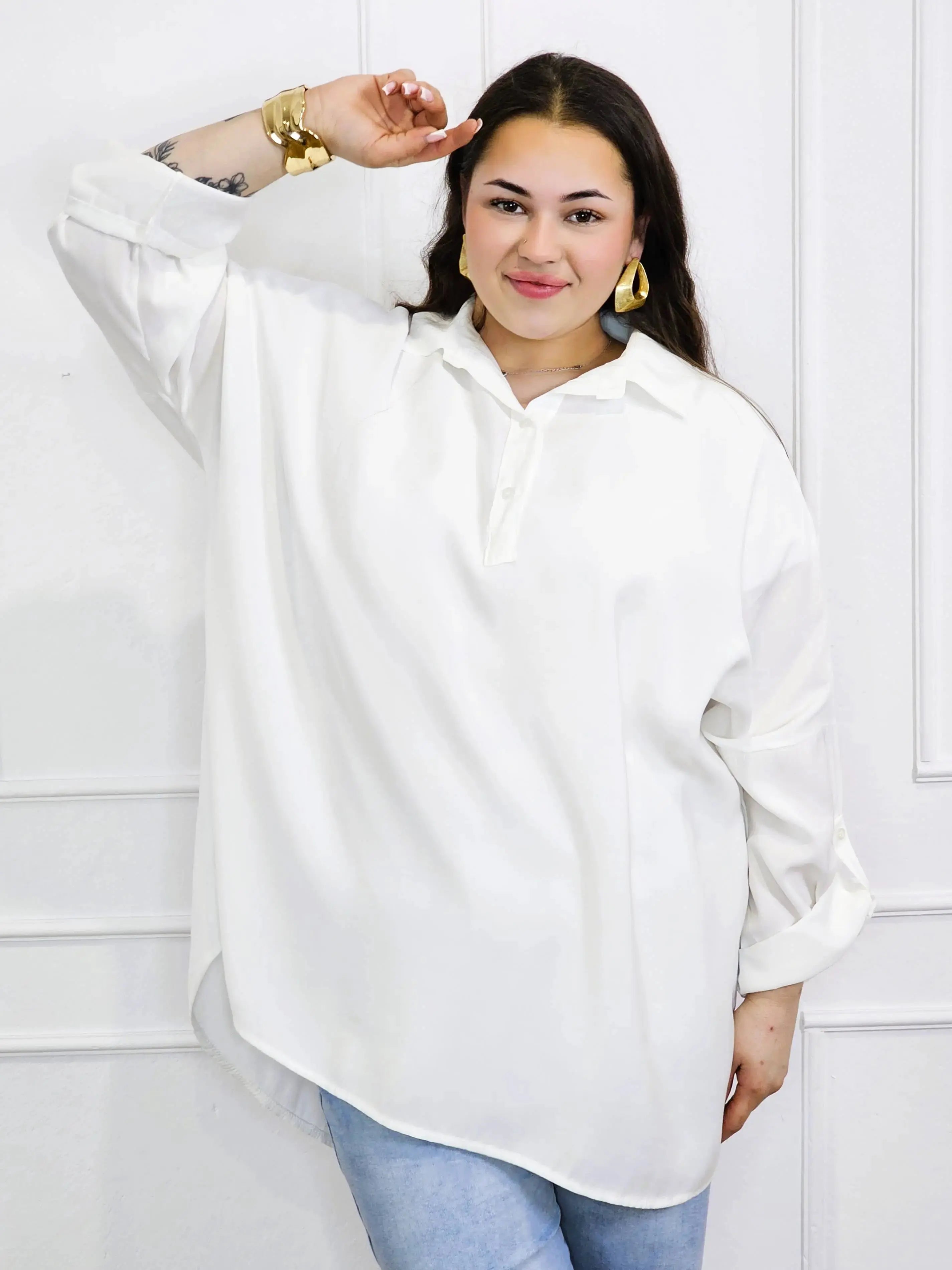 Bluzka plus size koszulowa z kołnierzykiem – luźny fason oversize z dłuższym tyłem Stylowa XL