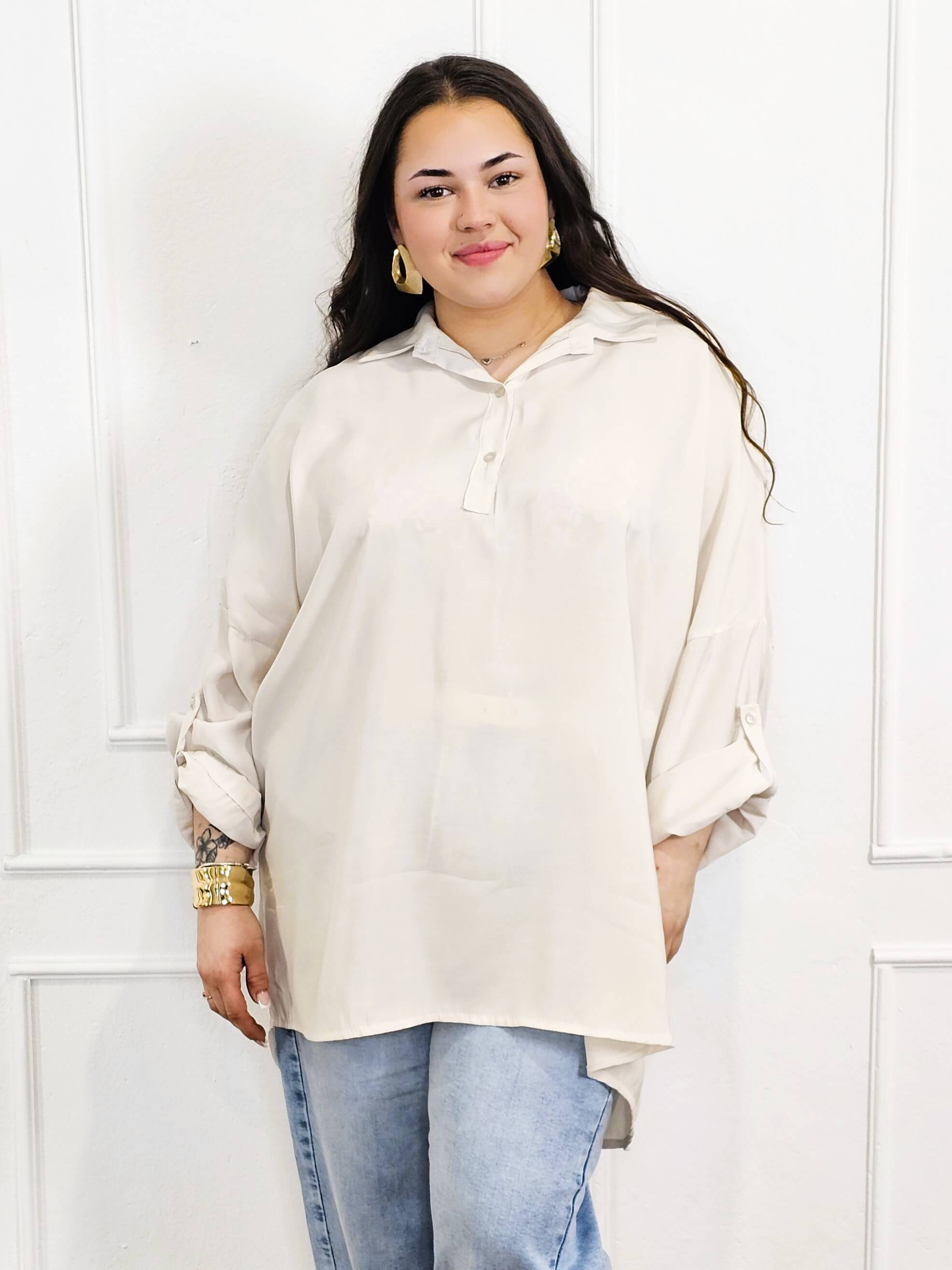 Bluzka plus size koszulowa z kołnierzykiem – luźny fason oversize z dłuższym tyłem Stylowa XL