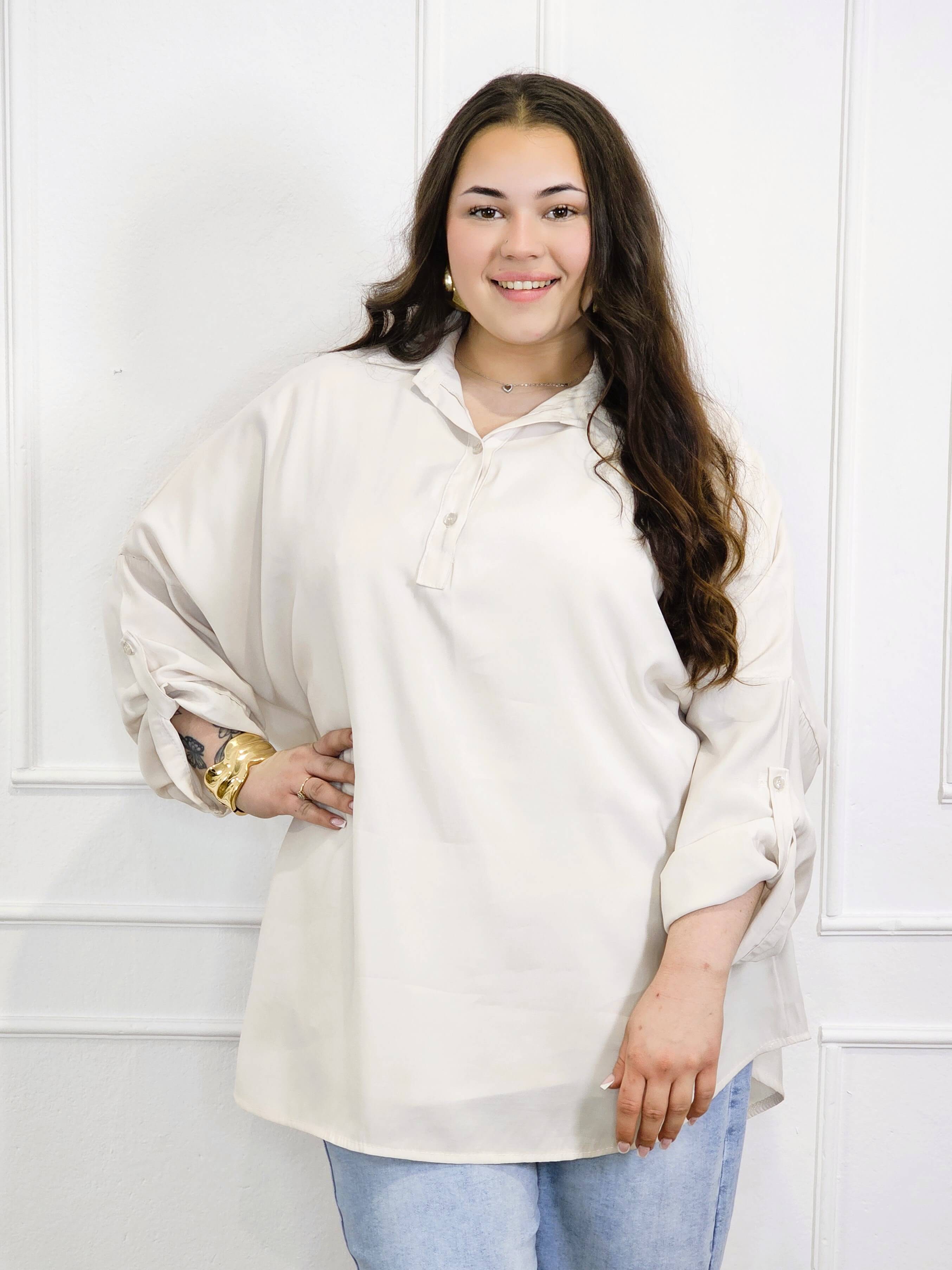 Bluzka plus size koszulowa z kołnierzykiem – luźny fason oversize z dłuższym tyłem Stylowa XL