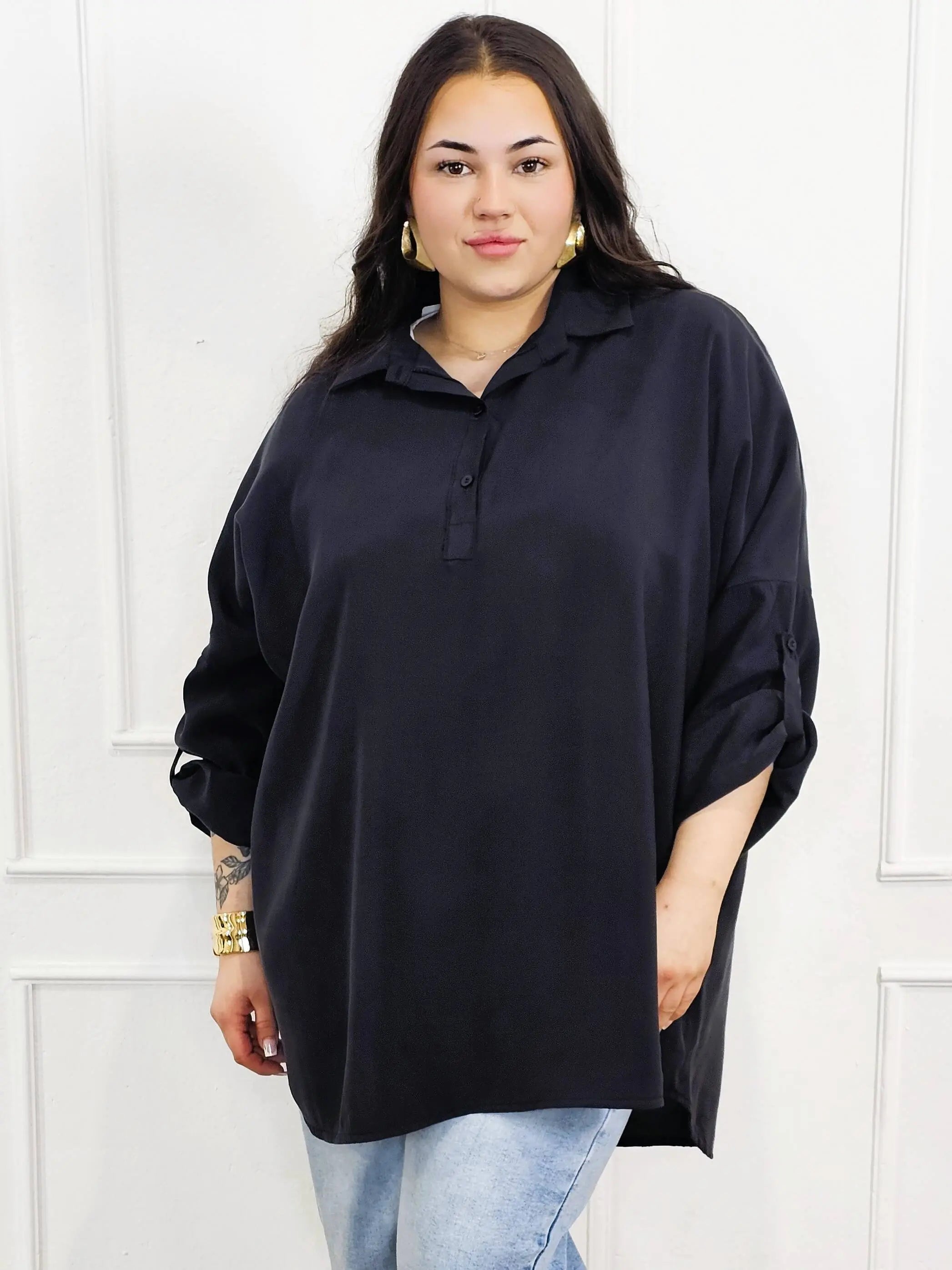 Bluzka plus size koszulowa z kołnierzykiem – luźny fason oversize z dłuższym tyłem Stylowa XL
