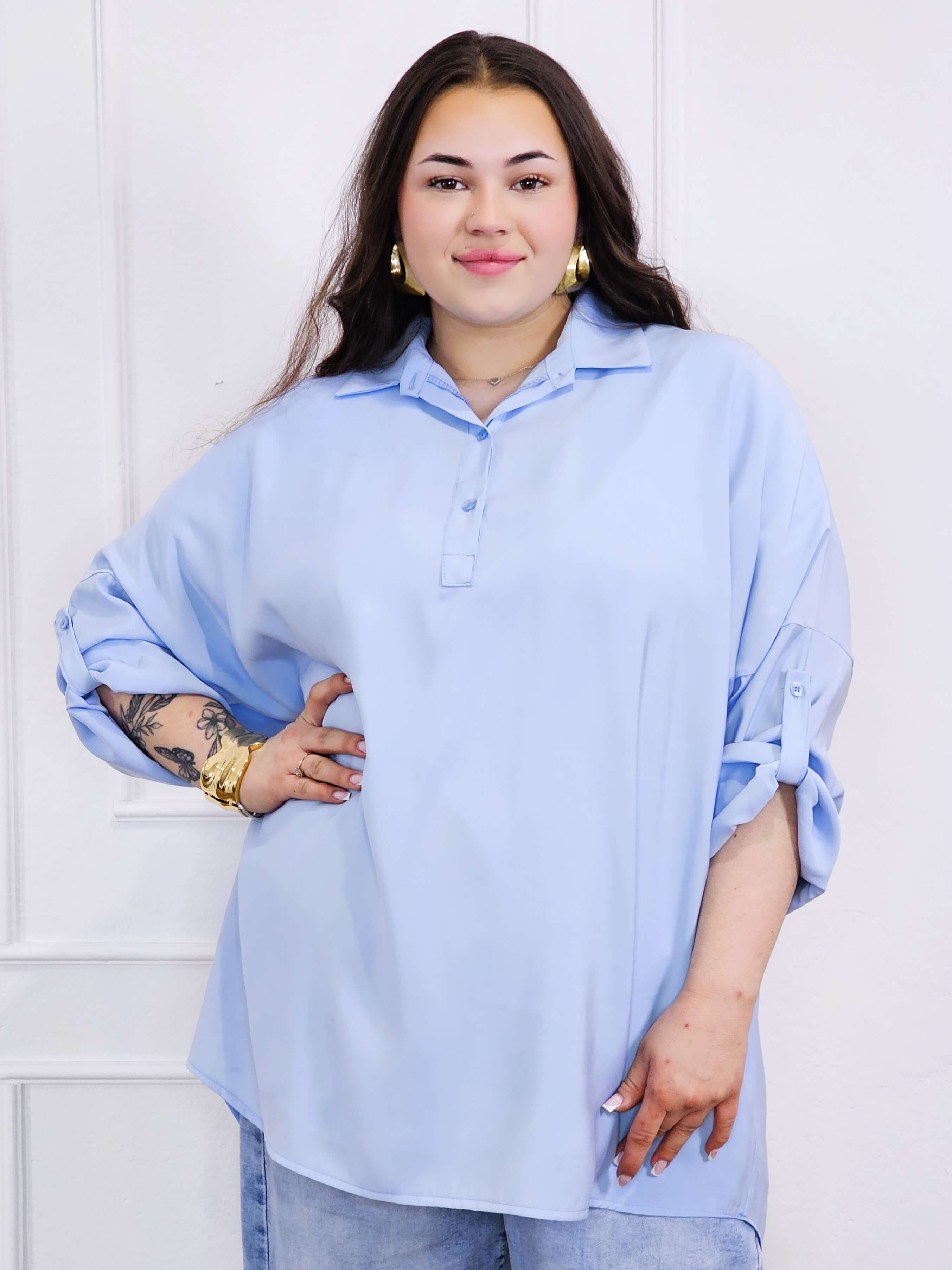 Bluzka plus size koszulowa z kołnierzykiem – luźny fason oversize z dłuższym tyłem Stylowa XL