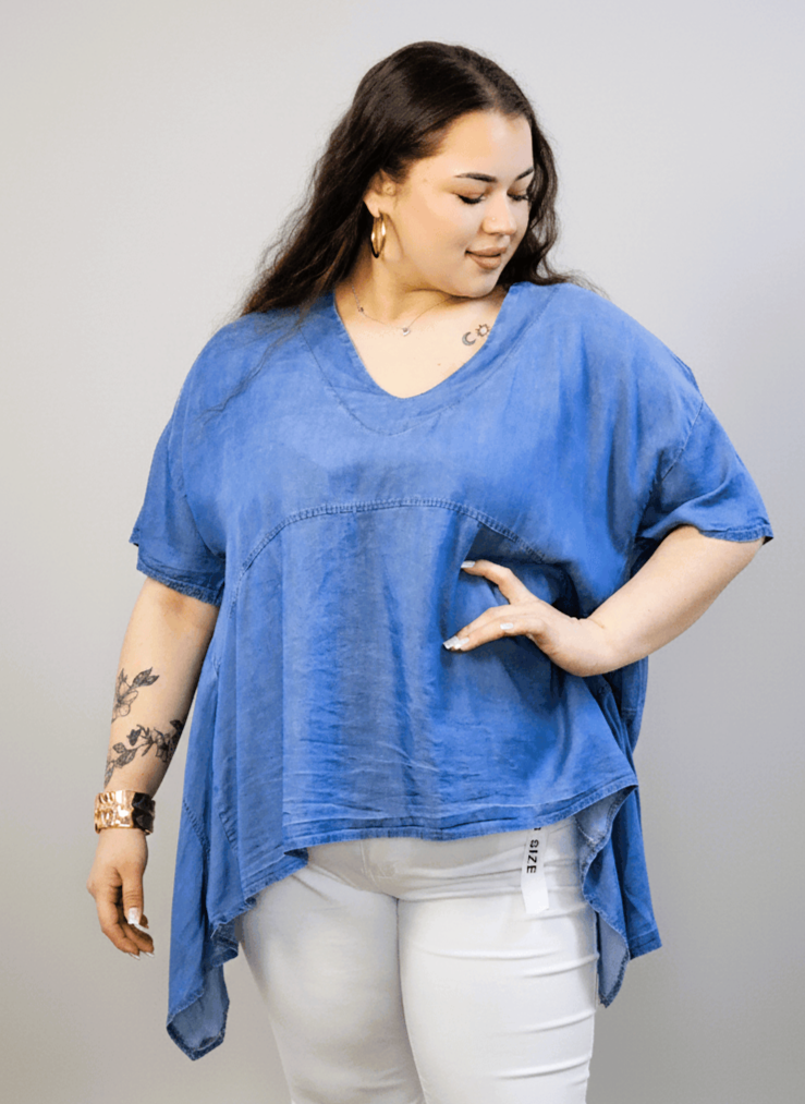 Bluzka plus size niebieska oversize – asymetryczna bluzka XXL z dekoltem V Stylowa XL