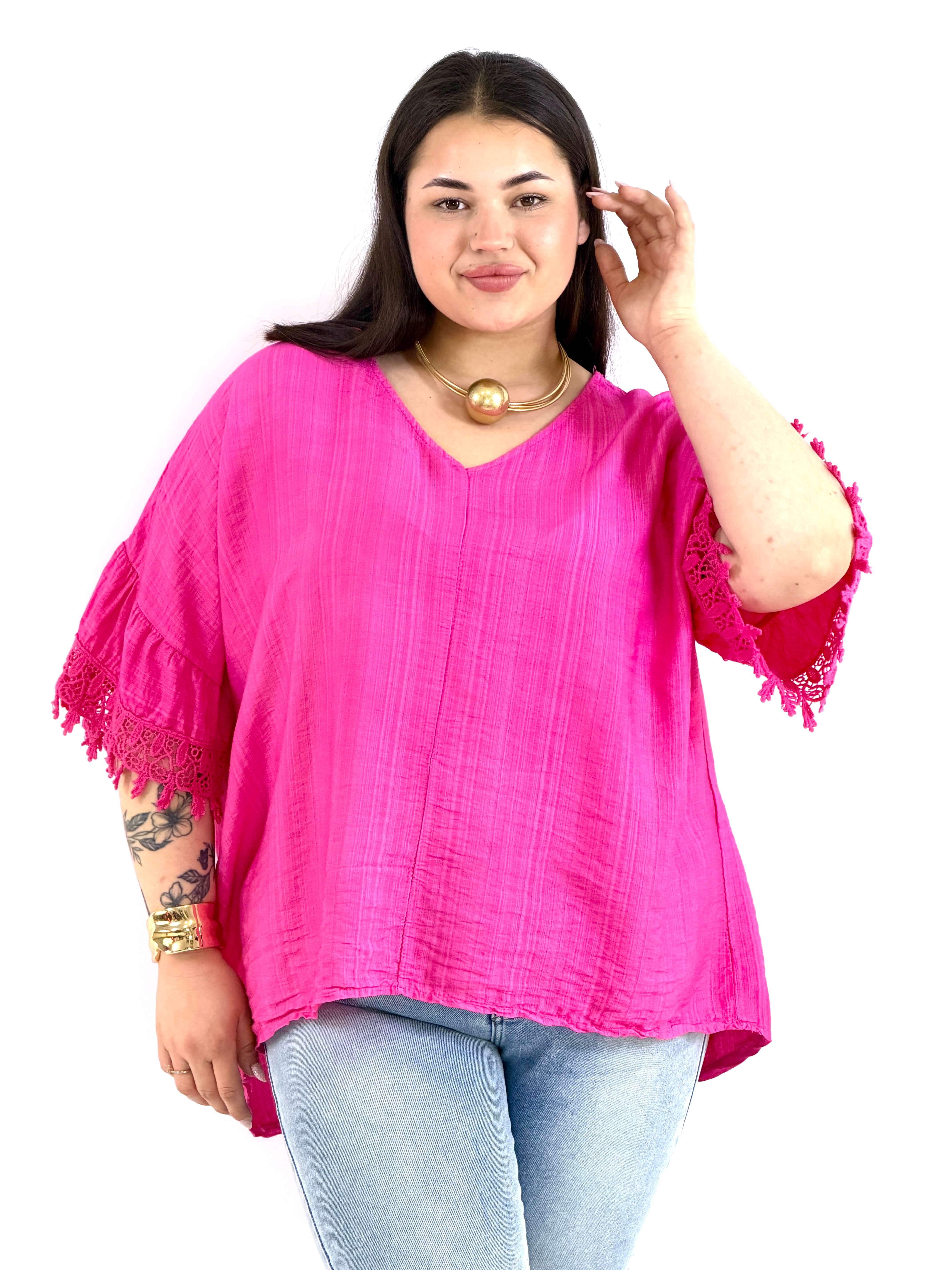 Bluzka plus size oversize z koronkowym rękawem – lekka i stylowa Stylowa XL