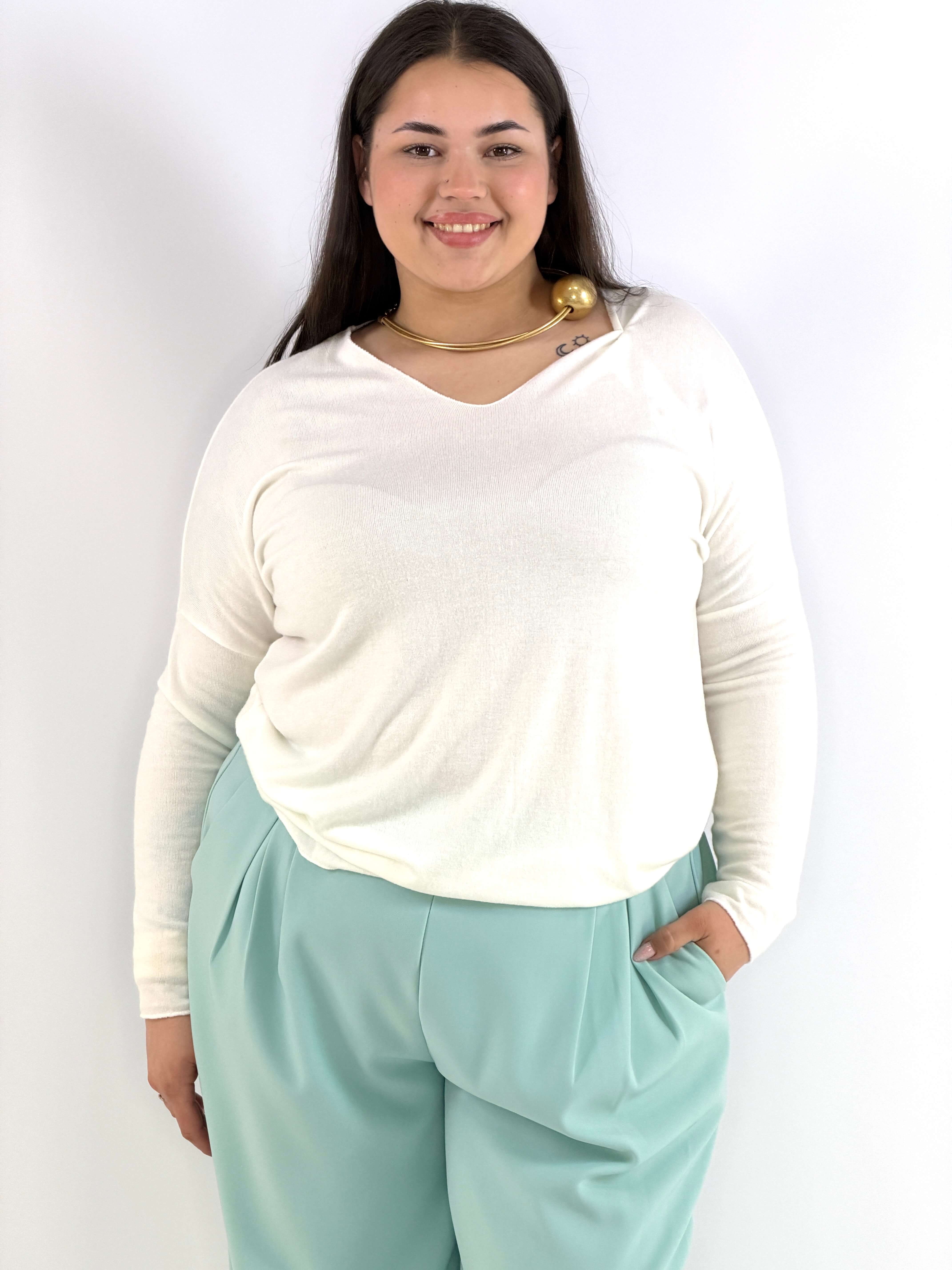 Bluzka plus size sweterkowa ecru – miękka bluzka XXL z długim rękawem Stylowa XL