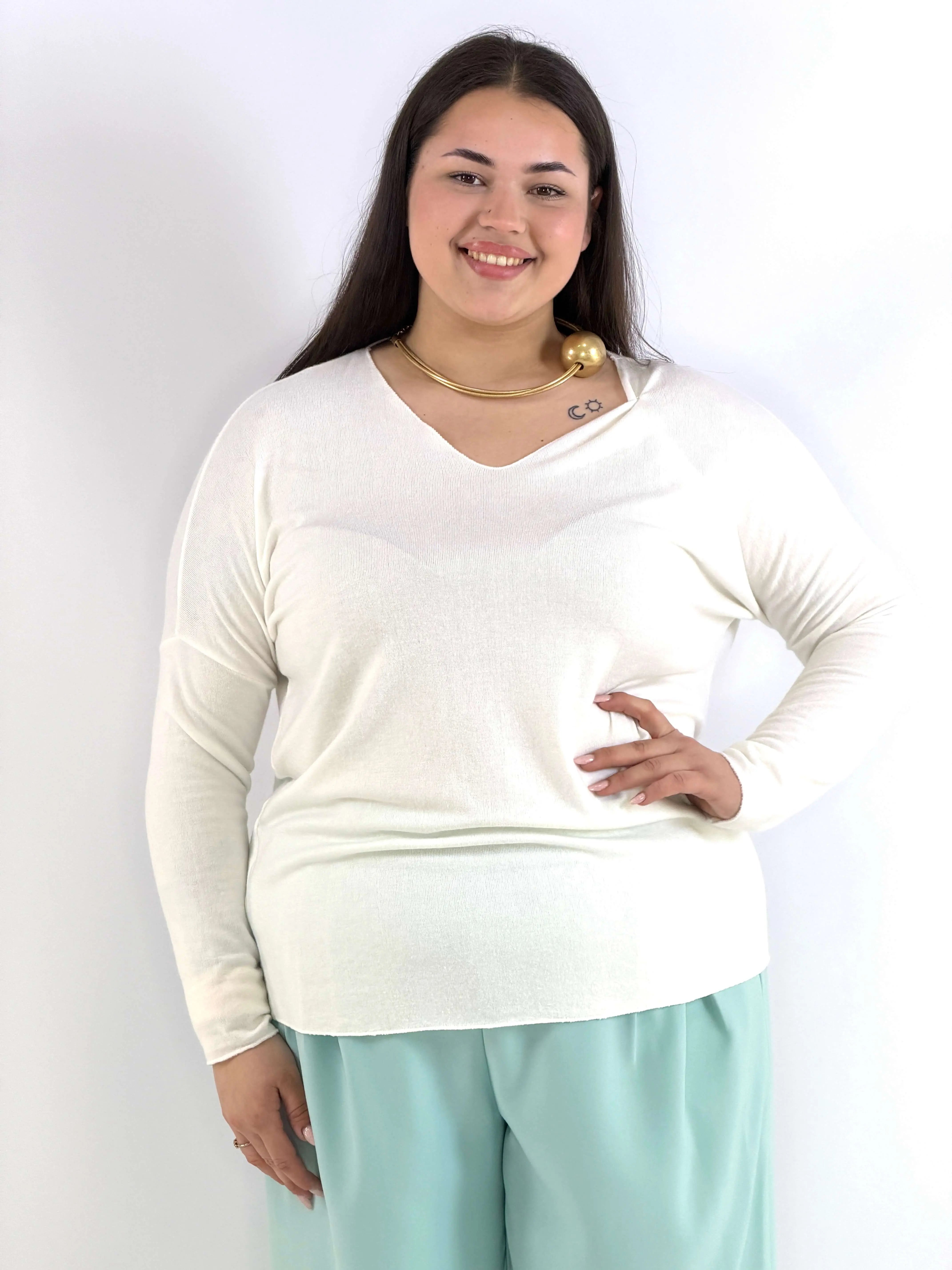 Bluzka plus size sweterkowa ecru – miękka bluzka XXL z długim rękawem Stylowa XL