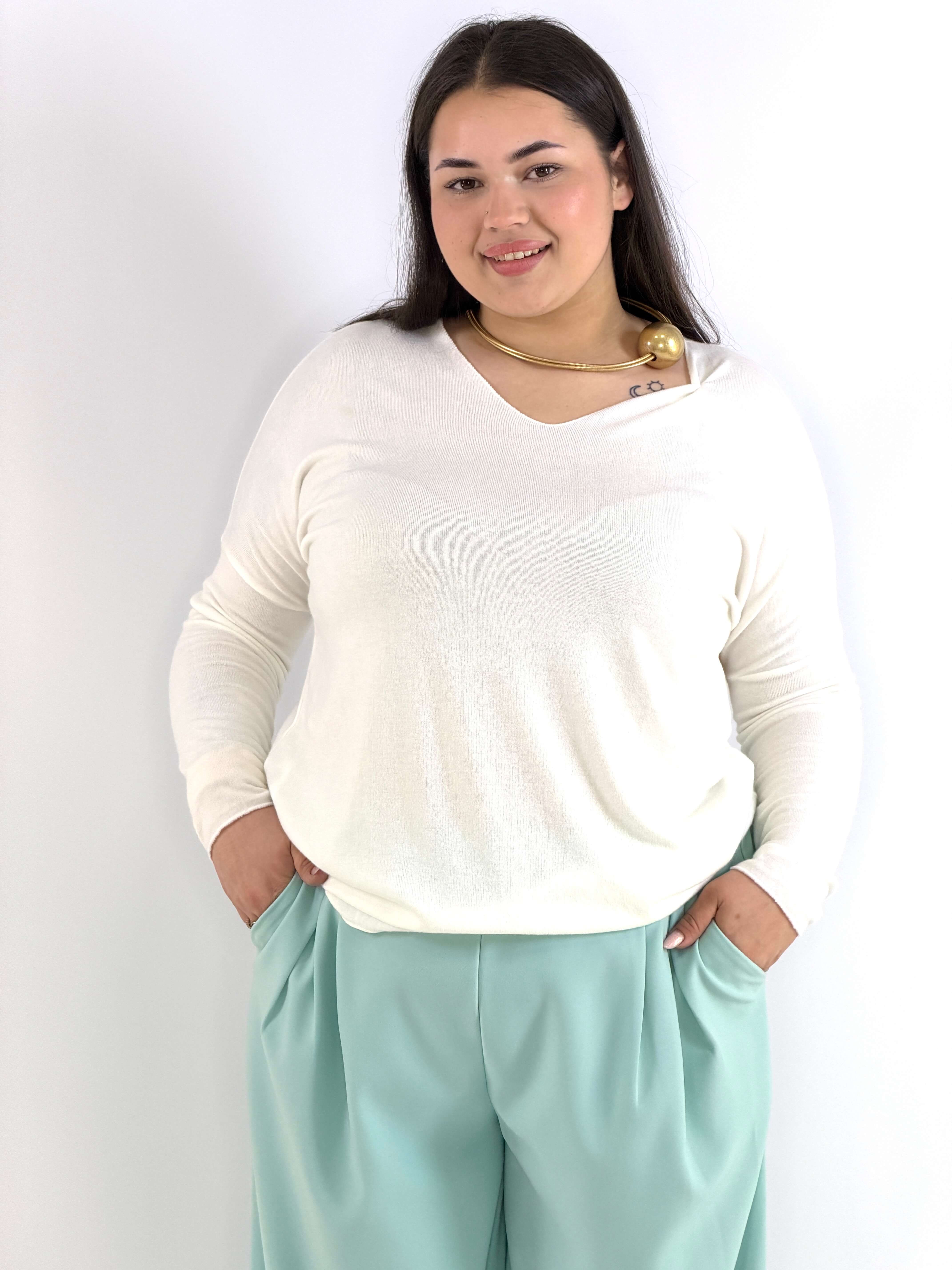 Bluzka plus size sweterkowa ecru – miękka bluzka XXL z długim rękawem Stylowa XL