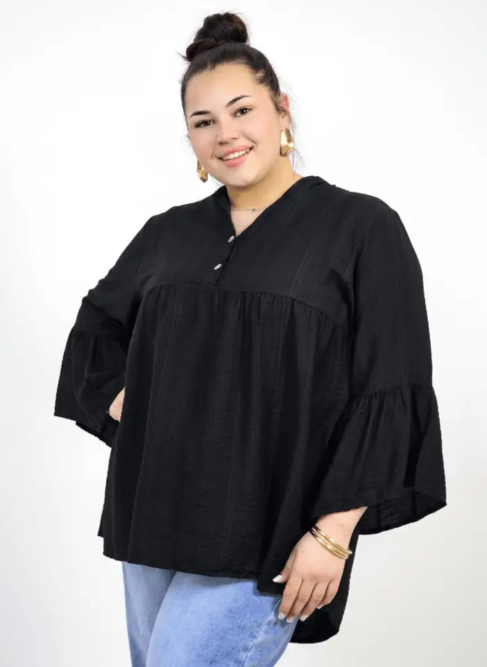 Bluzka plus size tunika z guzikami i falbankowym rękawem Stylowa XL