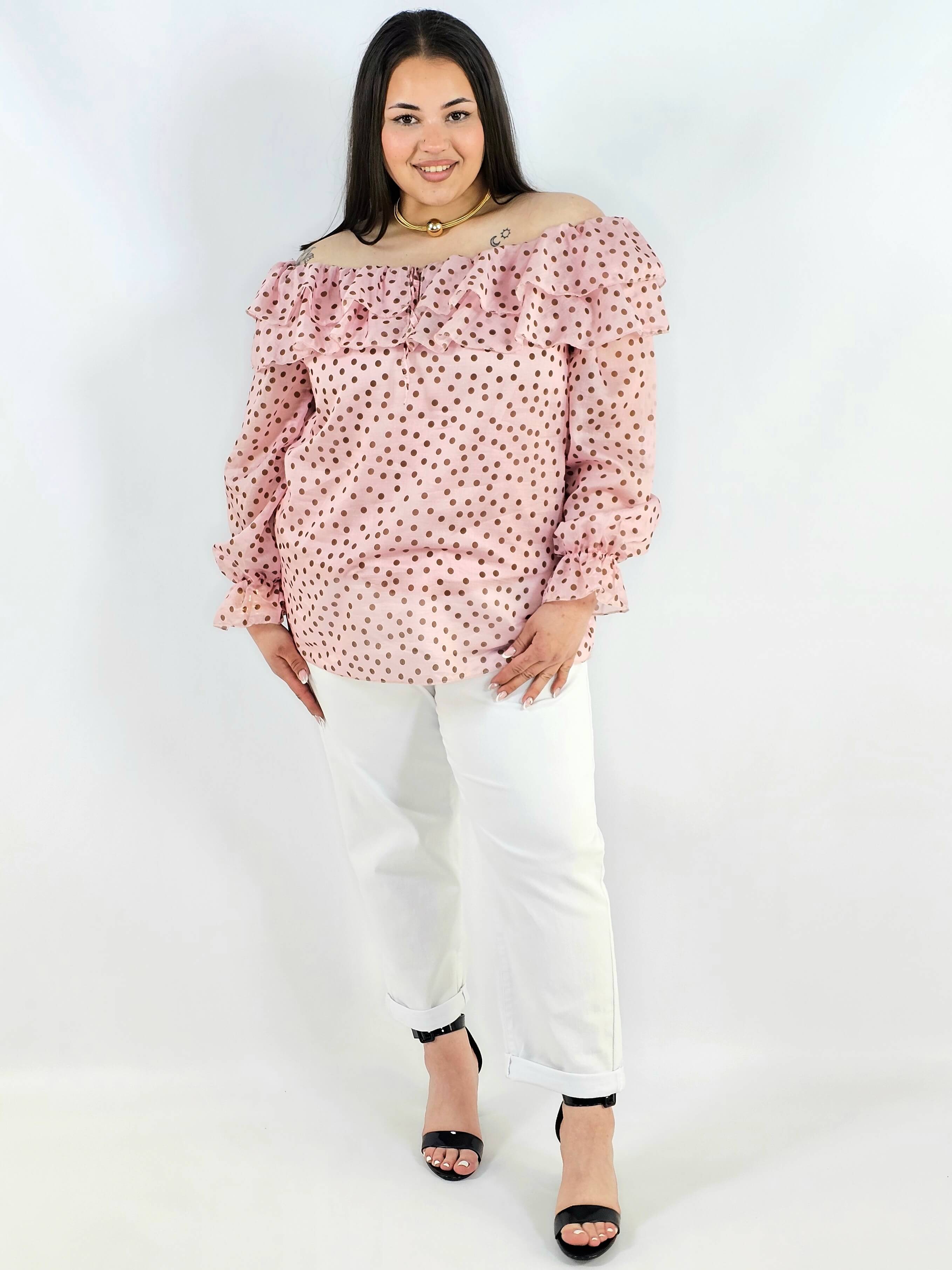 Bluzka plus size w grochy z falbaną i wiązaniem lekka i kobieca Stylowa XL