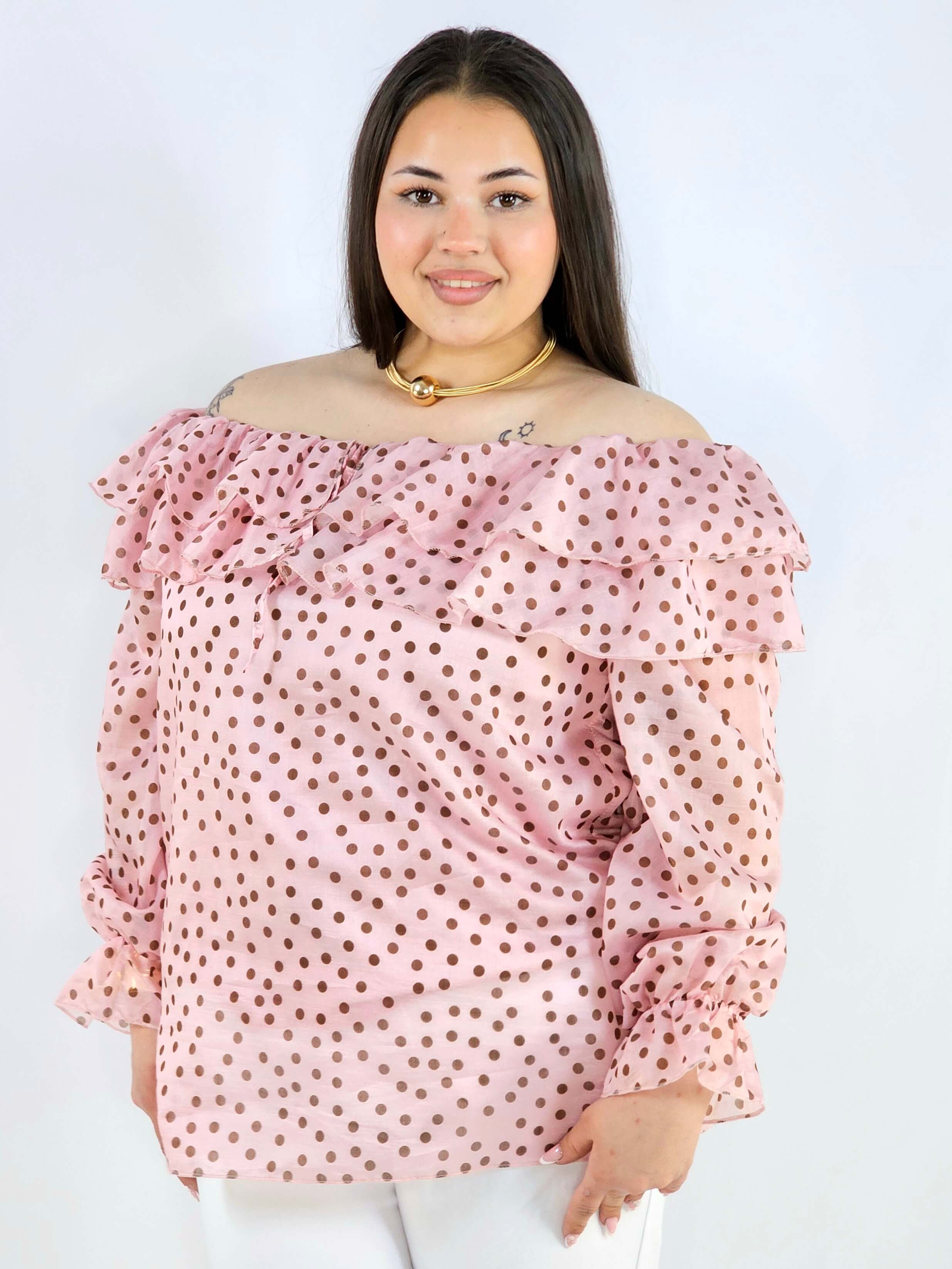 Bluzka plus size w grochy z falbaną i wiązaniem lekka i kobieca Stylowa XL