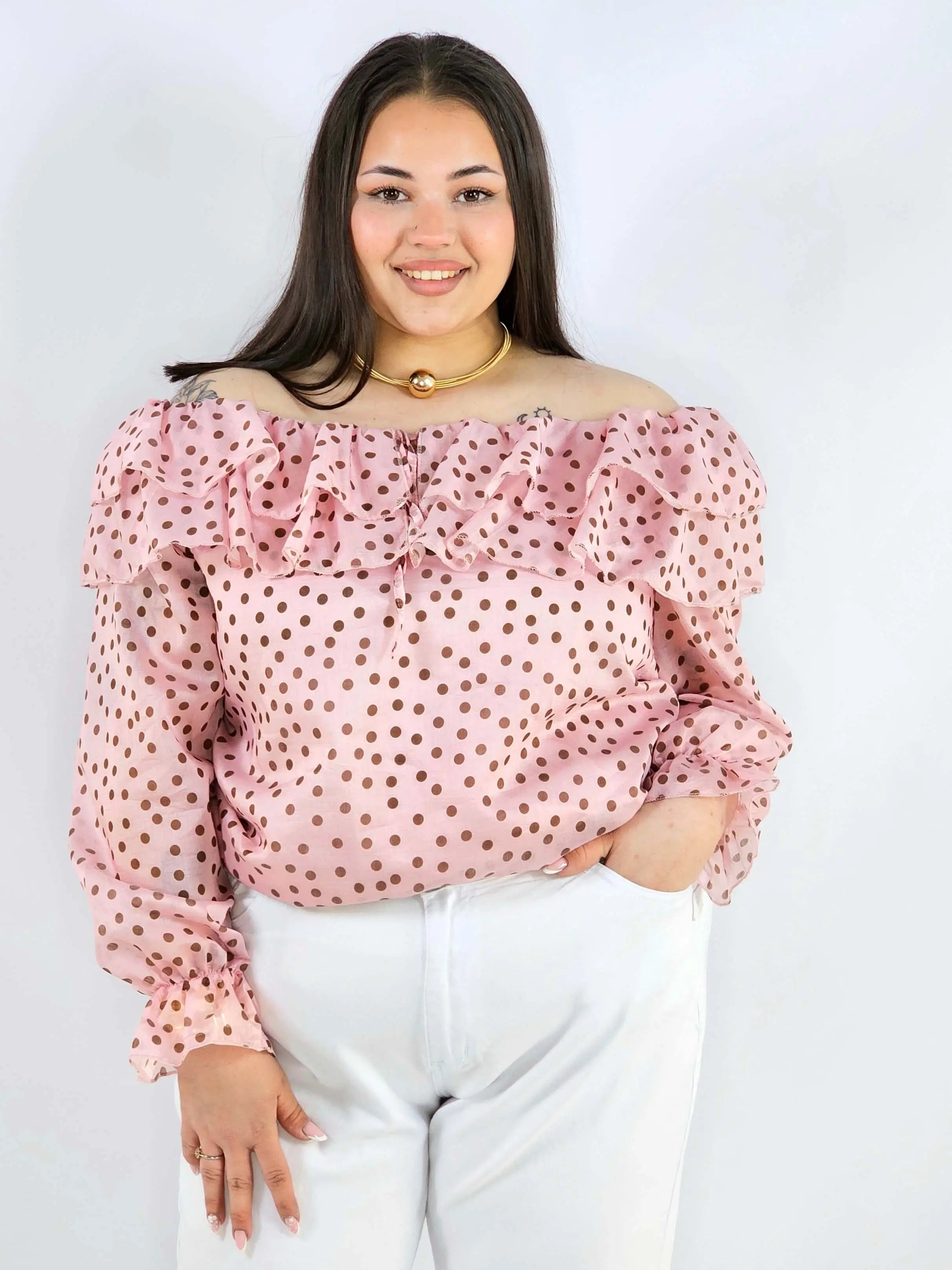 Bluzka plus size w grochy z falbaną i wiązaniem lekka i kobieca Stylowa XL