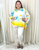 Bluzka plus size w kwiaty – lekka koszula XXL w żółto-niebieski print Stylowa XL