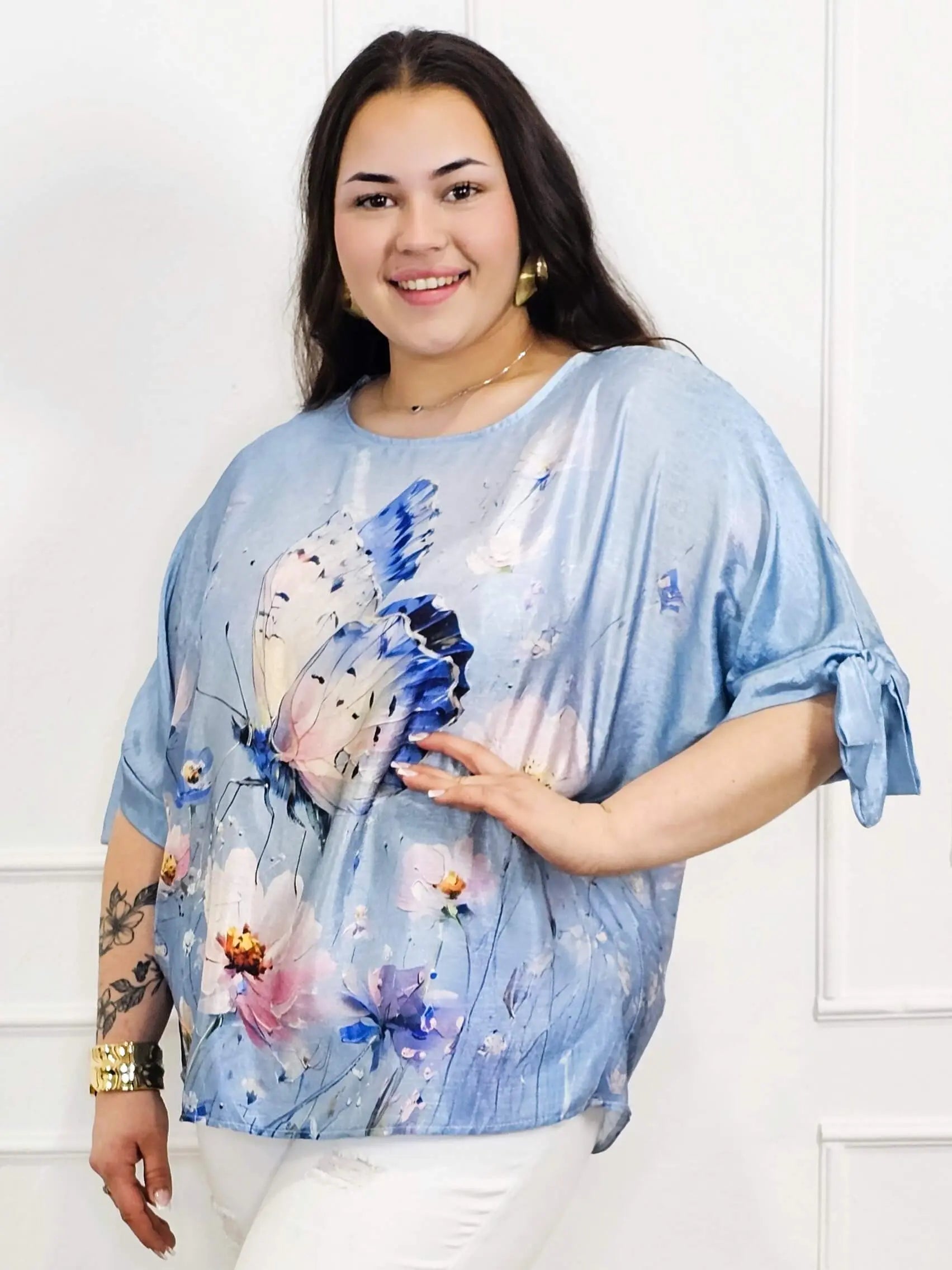 Bluzka plus size z kolorowym nadrukiem i wiązaniem rękawów Stylowa XL