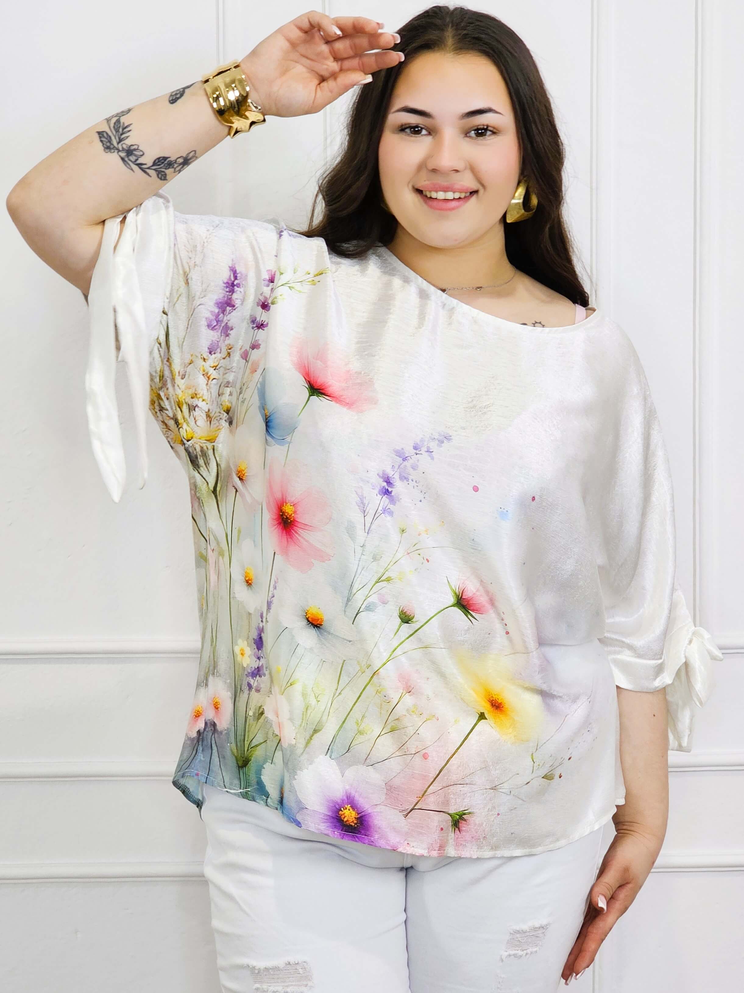 Bluzka plus size z kolorowym nadrukiem i wiązaniem rękawów Stylowa XL