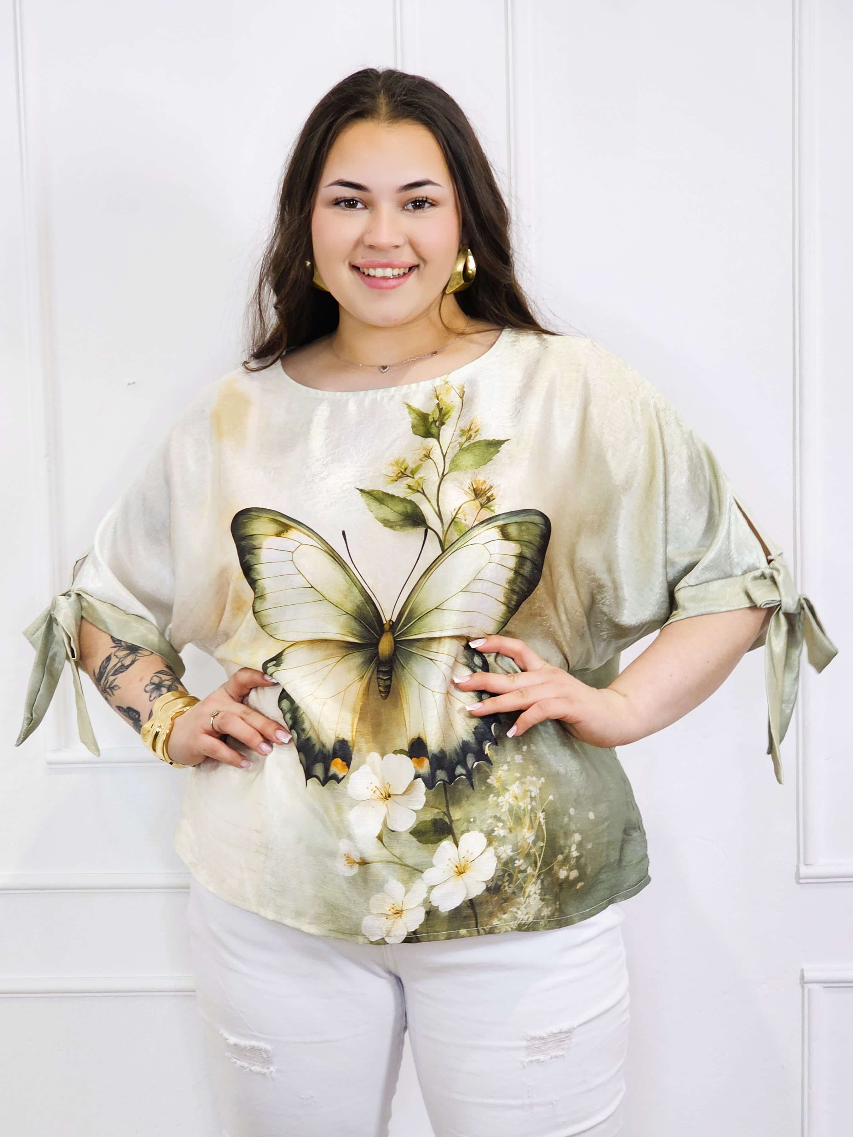 Bluzka plus size z kolorowym nadrukiem i wiązaniem rękawów Stylowa XL