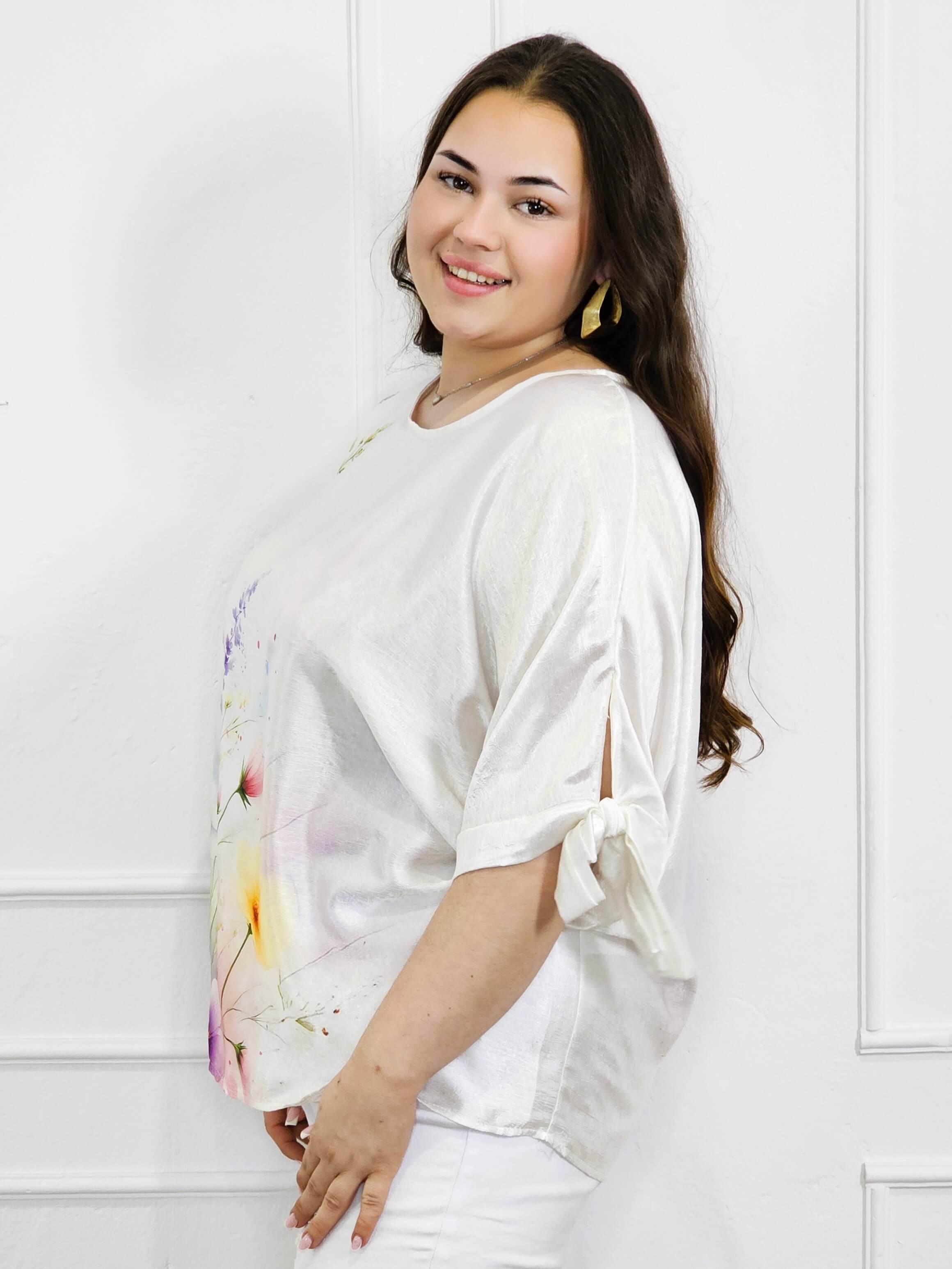 Bluzka plus size z kolorowym nadrukiem i wiązaniem rękawów Stylowa XL