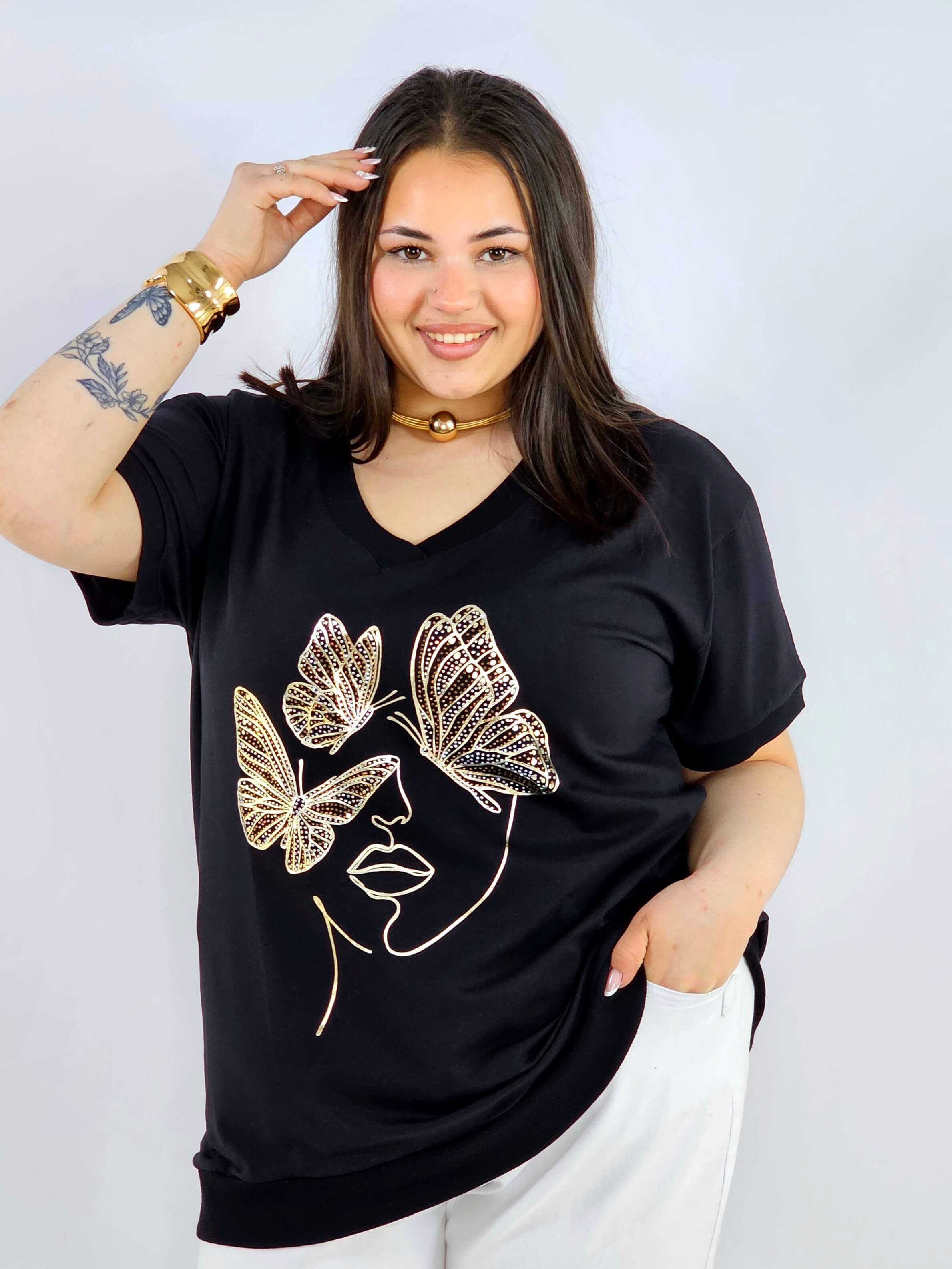 Bluzka plus size z motylem elegancka z dekoltem V XXL Stylowa XL