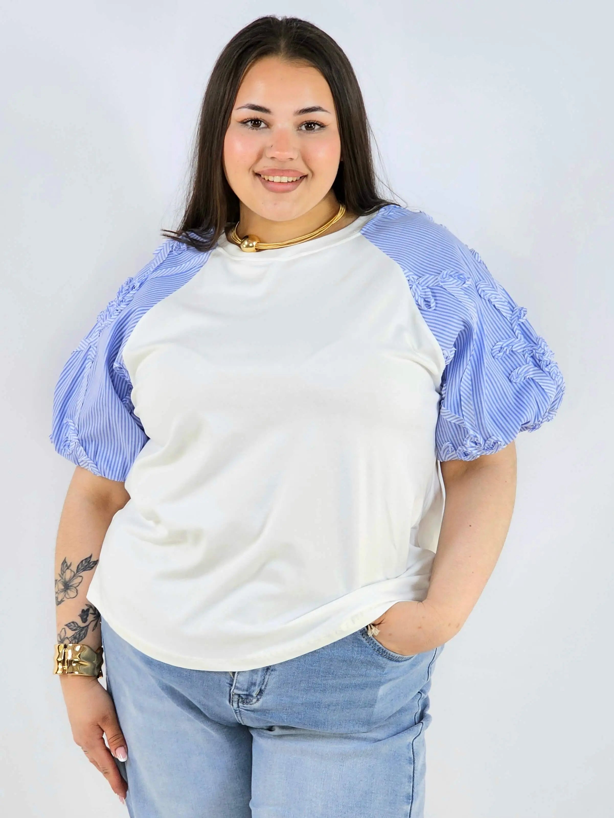 Bluzka plus size z ozdobnymi rękawami w paski lekka i stylowa na wiosnę Stylowa XL