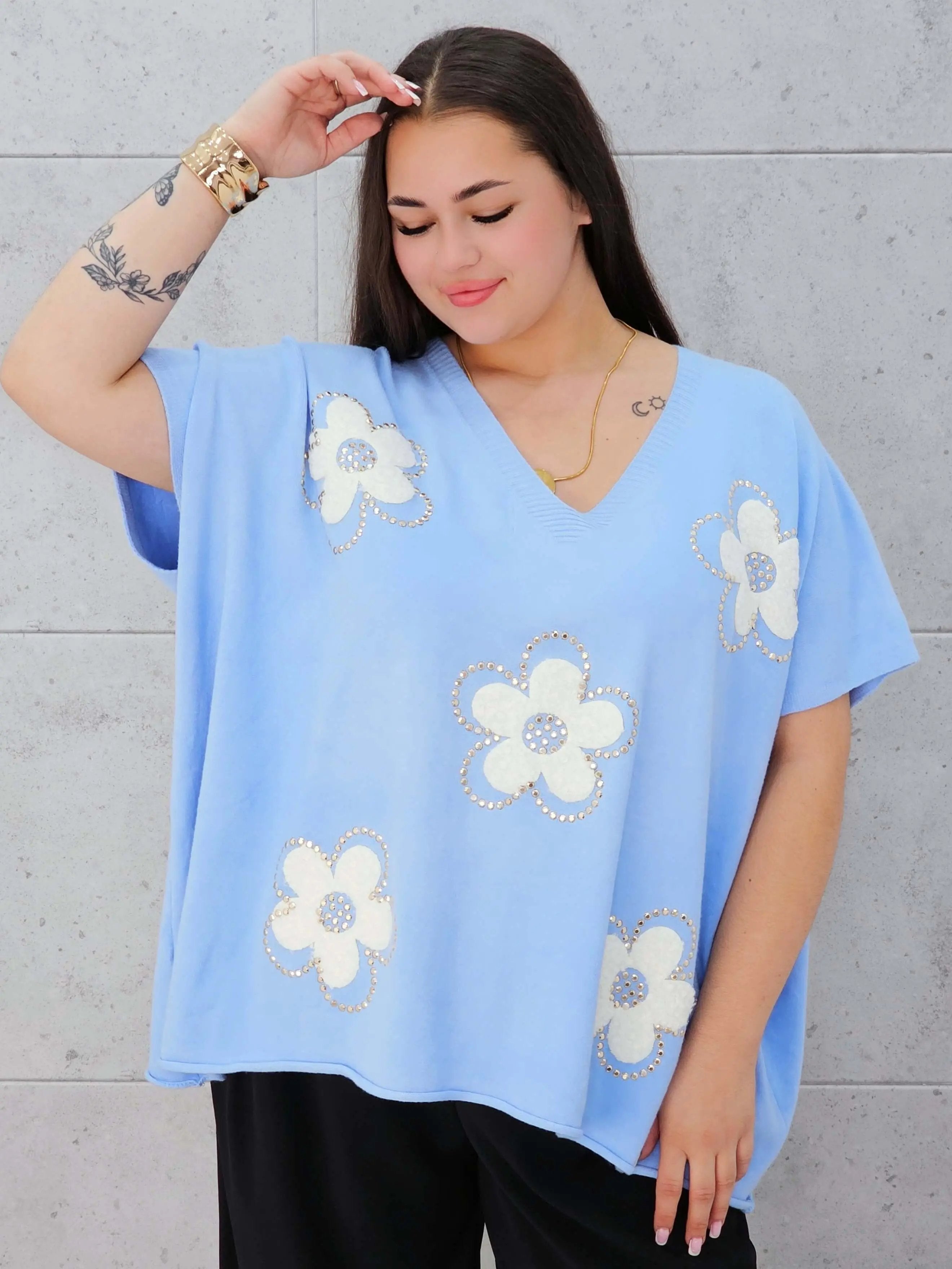 Bluzka sweterkowa z krótkim rękawem w kwiaty Stylowa XL