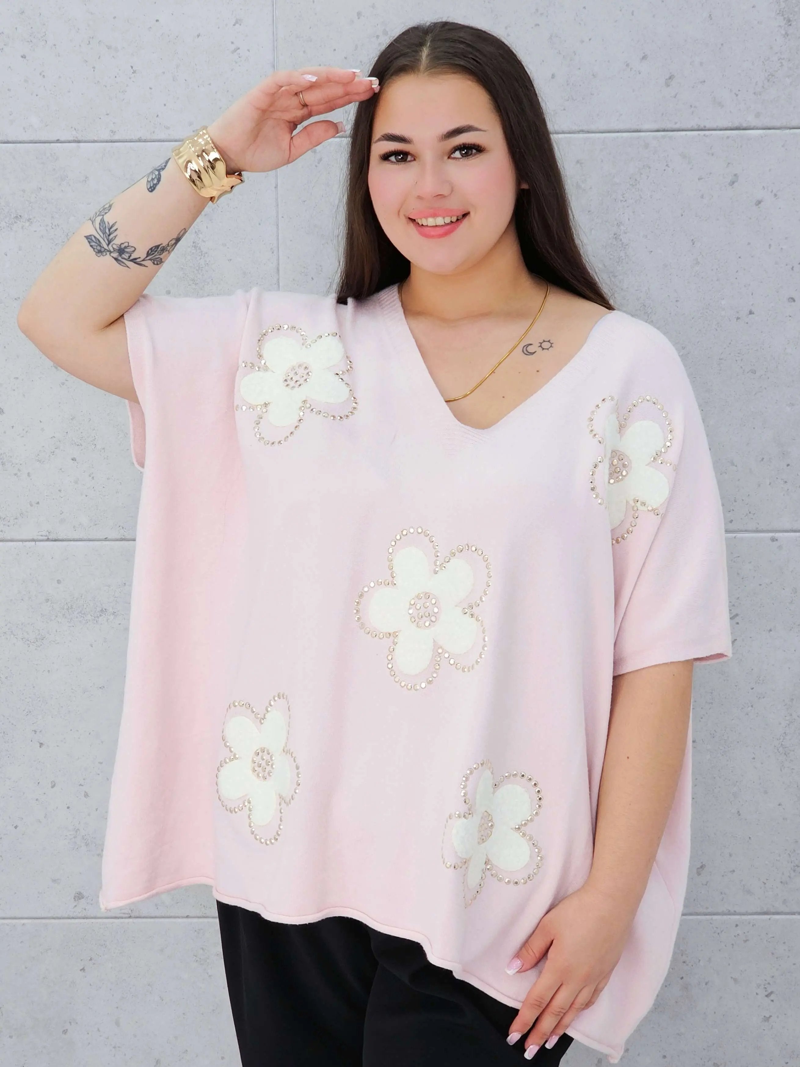 Bluzka sweterkowa z krótkim rękawem w kwiaty Stylowa XL