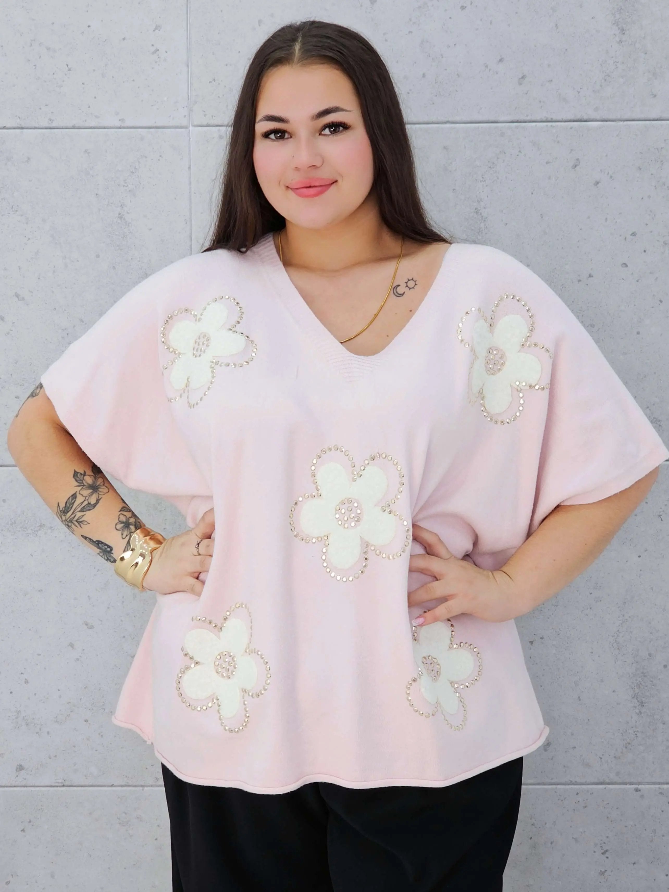 Bluzka sweterkowa z krótkim rękawem w kwiaty Stylowa XL