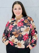 bluzka w kwiaty różowo-brązowa plus size Stylowa XL – przód