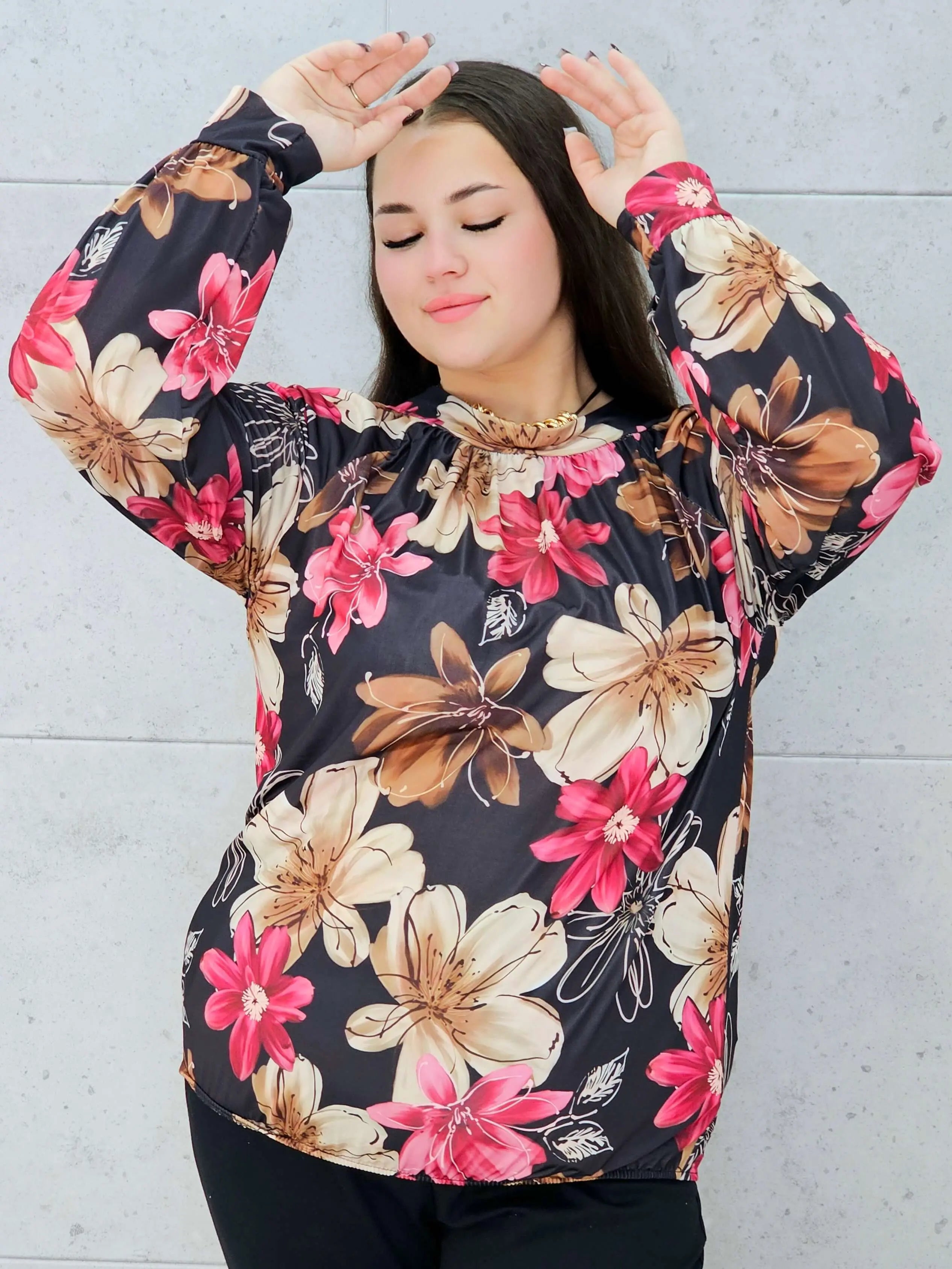 bluzka w kwiaty różowo-brązowa plus size Stylowa XL 