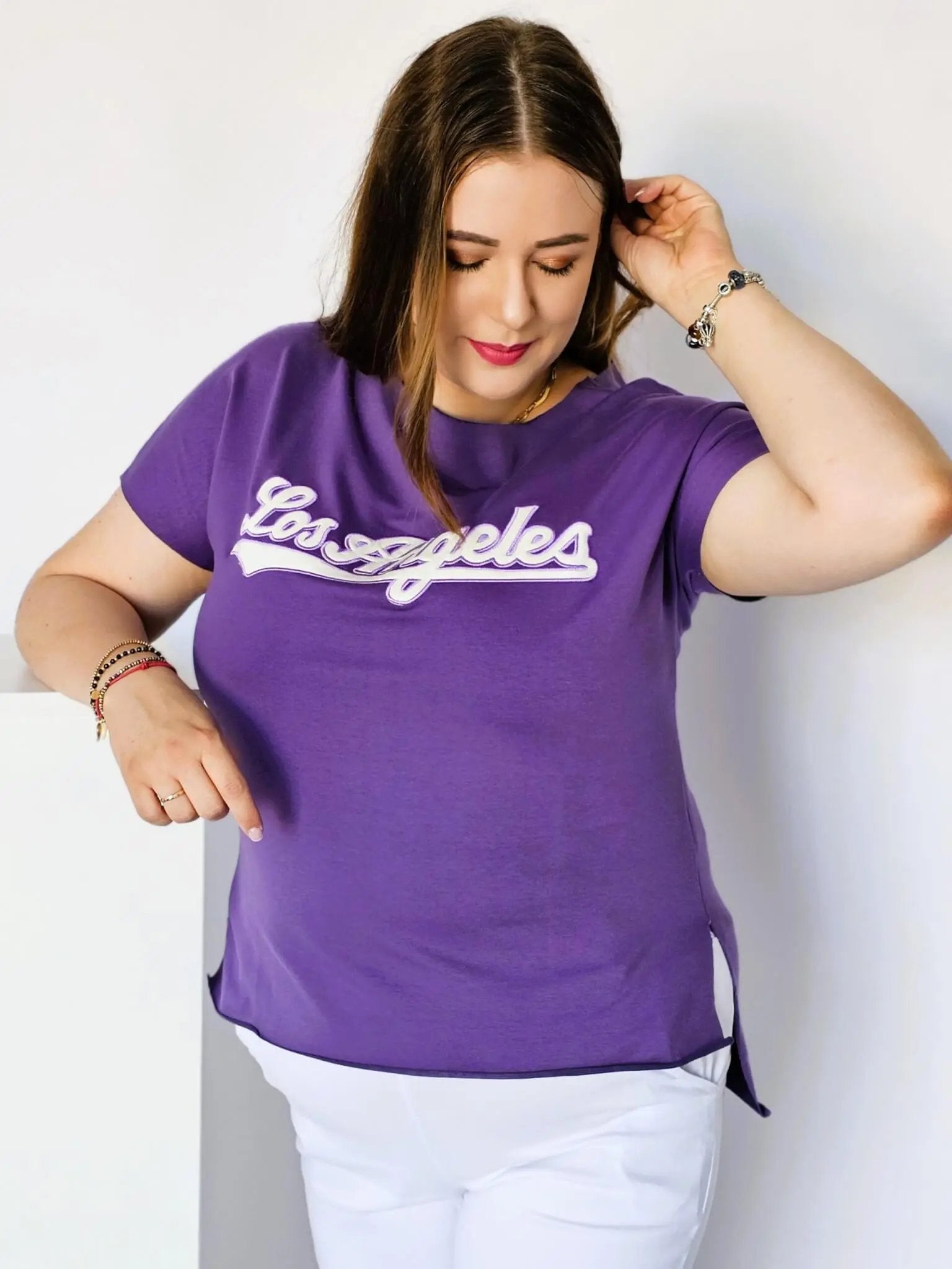 Bluzka z napisem haftowanym - fiolet Stylowa XL