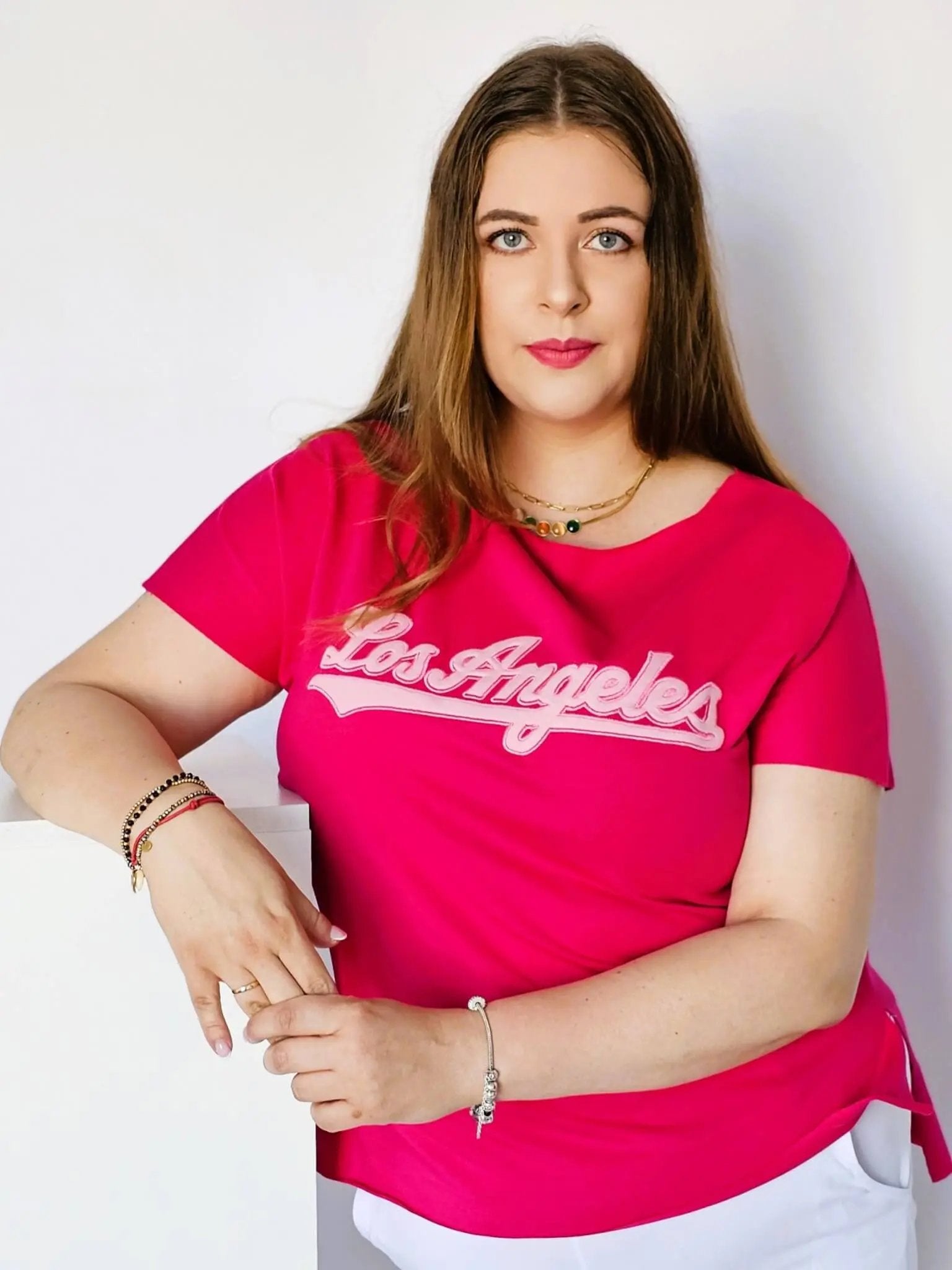 Bluzka z napisem haftowanym - fuksja Stylowa XL