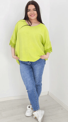 Bluzka z rękawem falbanką zakończonym haftem -limonka Stylowa XL