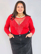Body plus size – czerwone body damskie XXL z siateczką i zdobieniem Stylowa XL