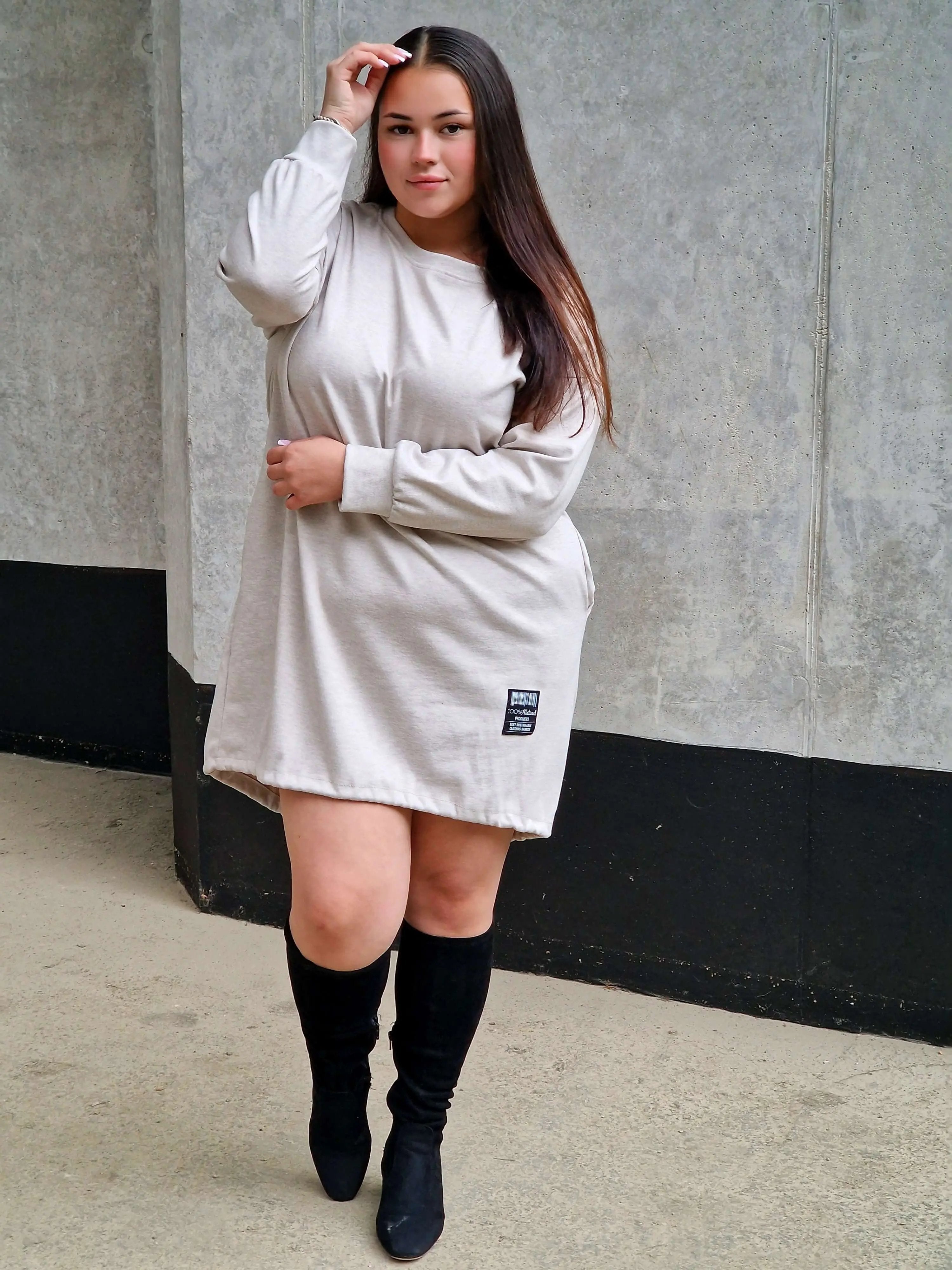 Brązowa tunika oversize z długim rękawem, dołem ściągacz Stylowa XL