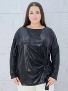 Czarna połyskująca bluzka z wiązaniem Stylowa XL