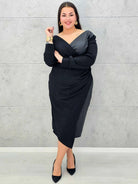 Czarna sukienka plus size z drapowaniem i dekoltem V – elegancka midi - Stylowa XL