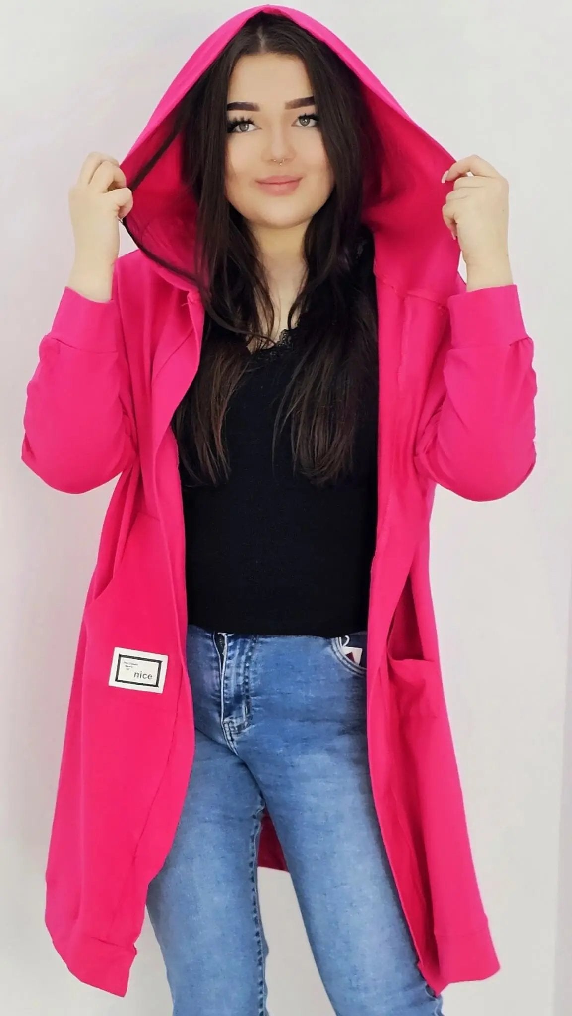 Długie bluzy z kapturem- różowa Stylowa XL