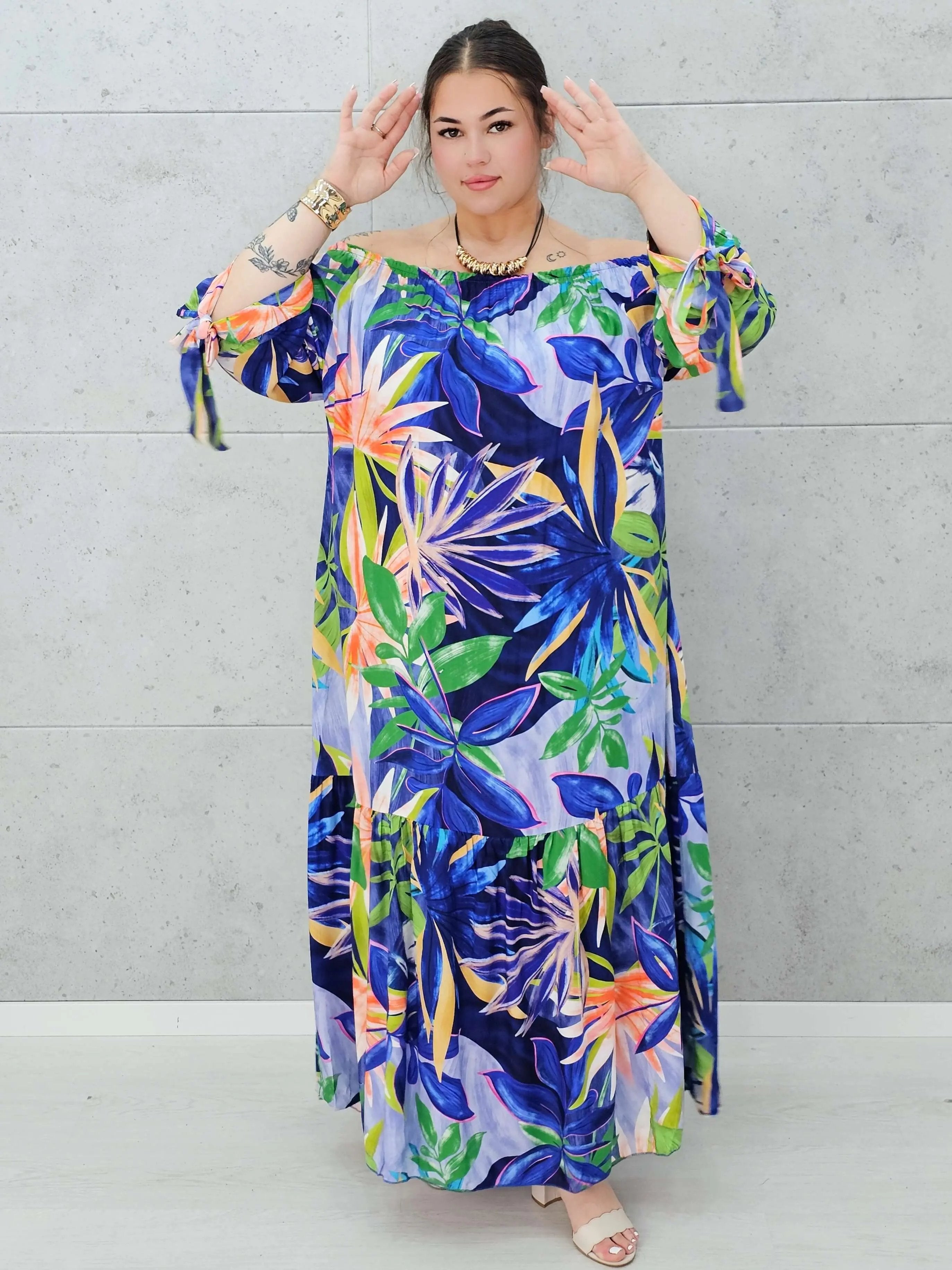 Egzotyczna Sukienka Maxi-  Liście Zielone Stylowa XL