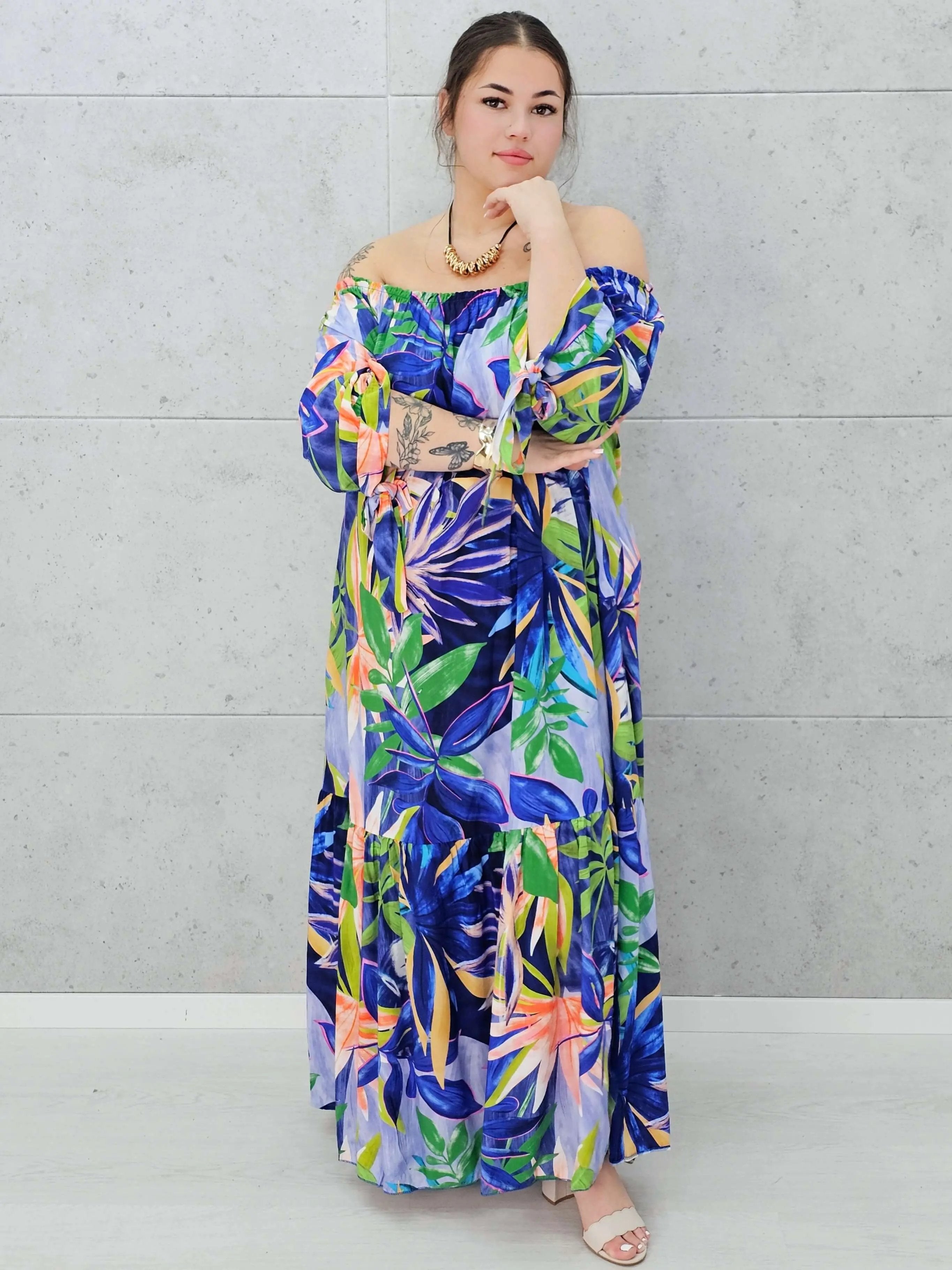 Egzotyczna Sukienka Maxi-  Liście Zielone Stylowa XL